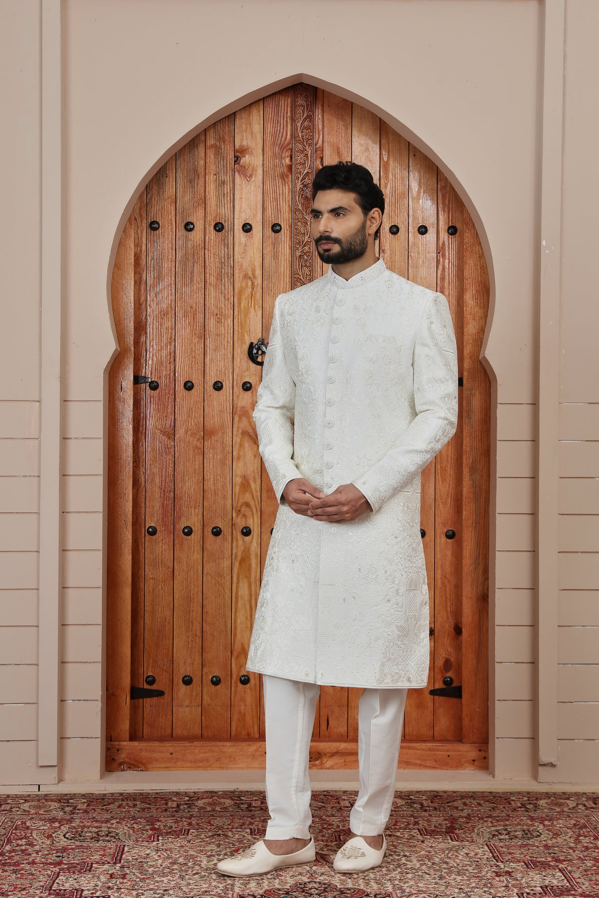 White Textured Wedding Indo Western Sherwani