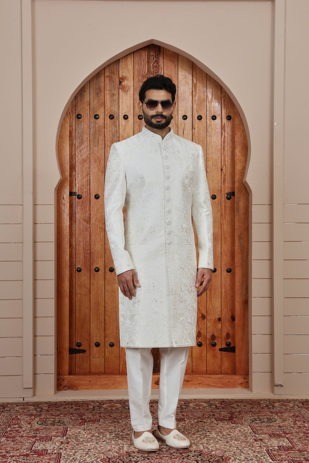 White Textured Wedding Indo Western Sherwani