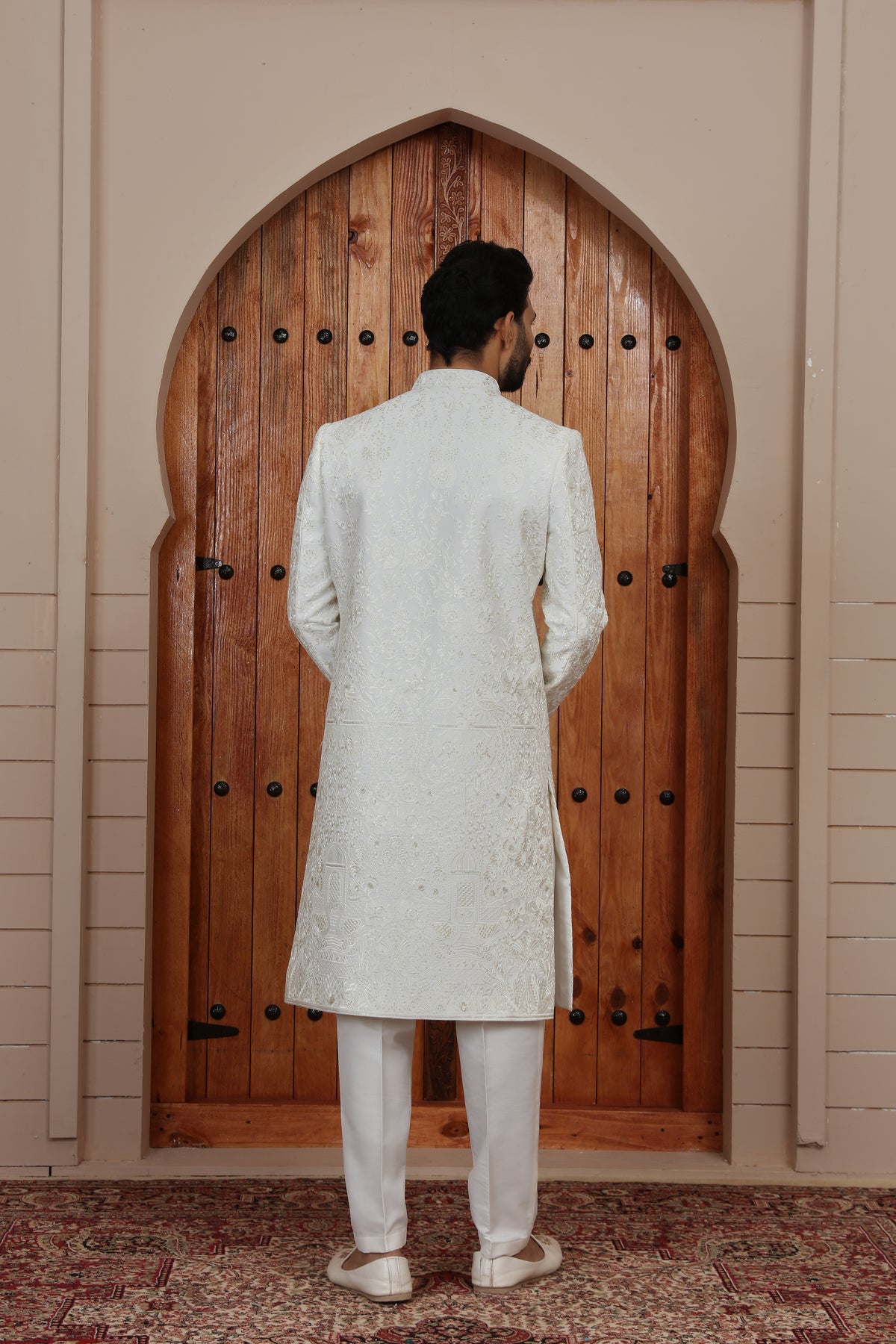 White Textured Wedding Indo Western Sherwani