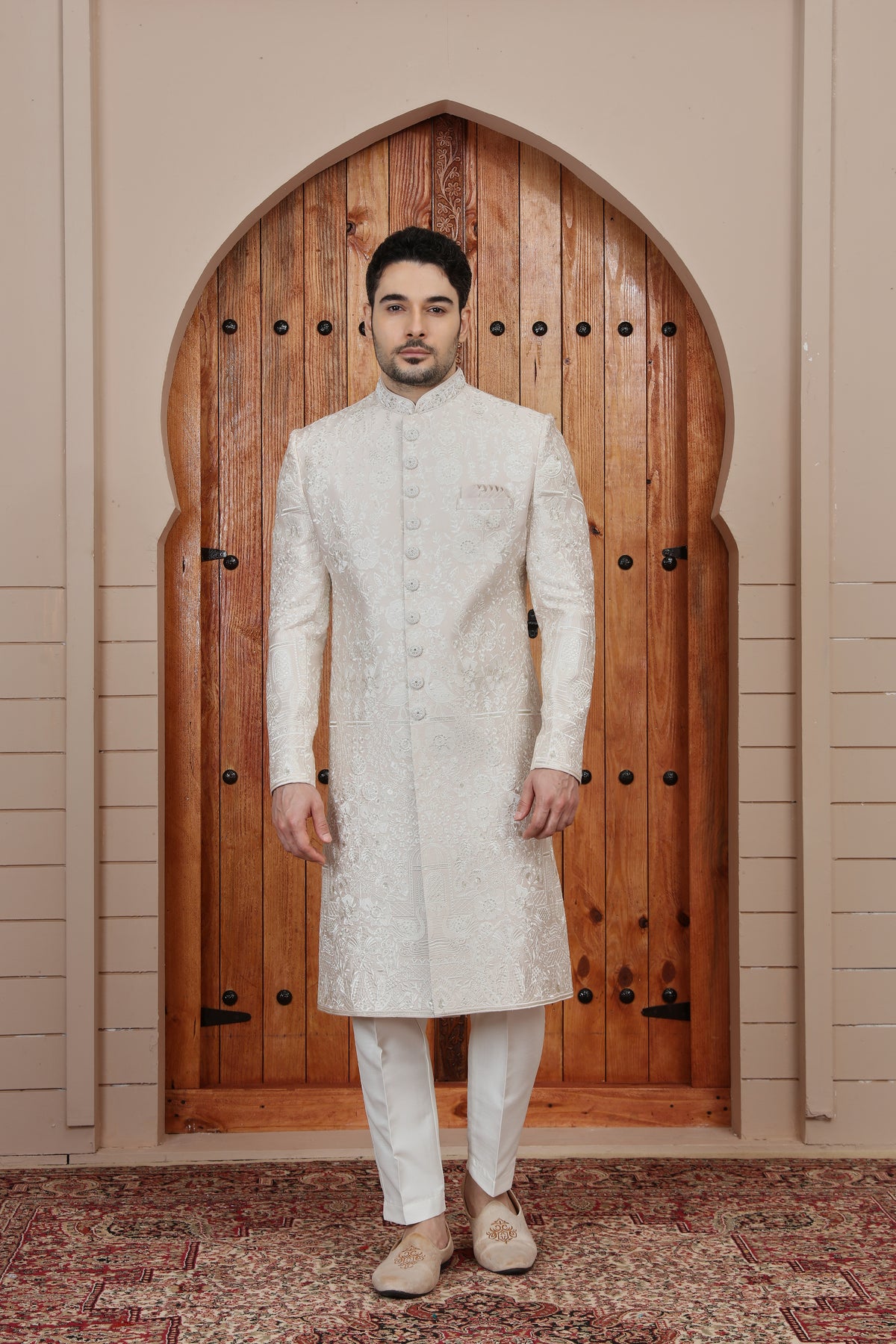 Ivory Floral Brocade Sherwani for Men