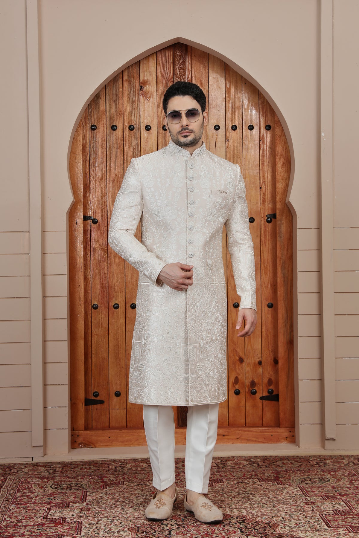 Ivory Floral Brocade Sherwani for Men