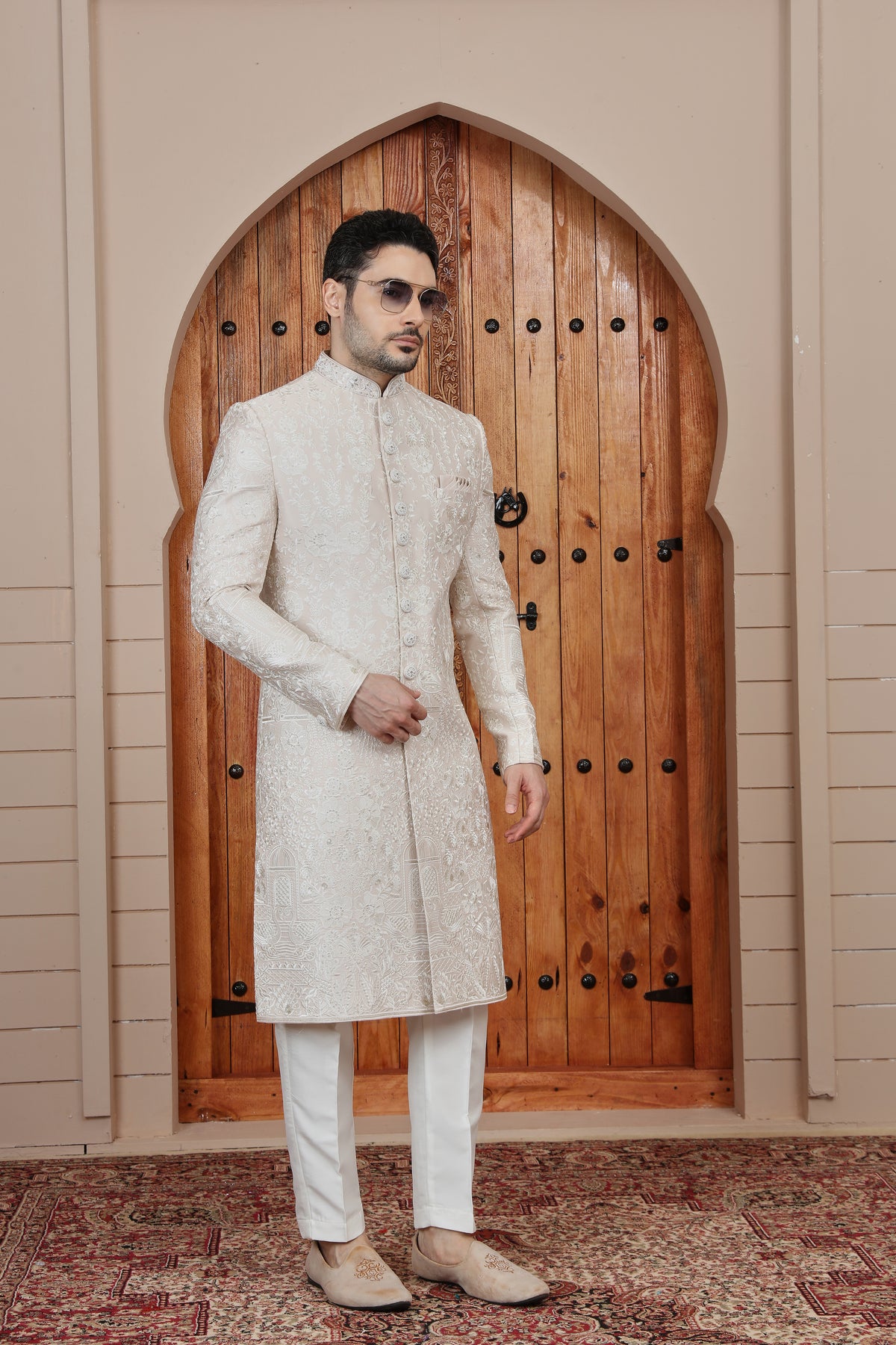 Ivory Floral Brocade Sherwani for Men