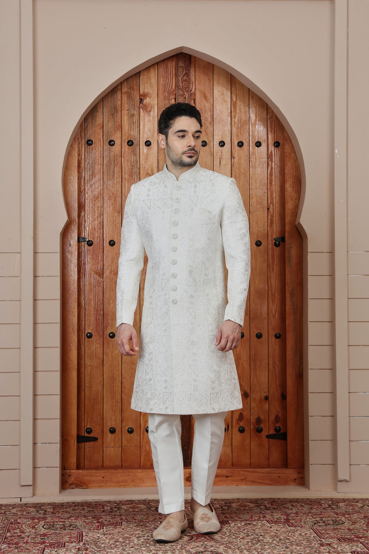 Ivory Jacquard Indo western Sherwani for Men
