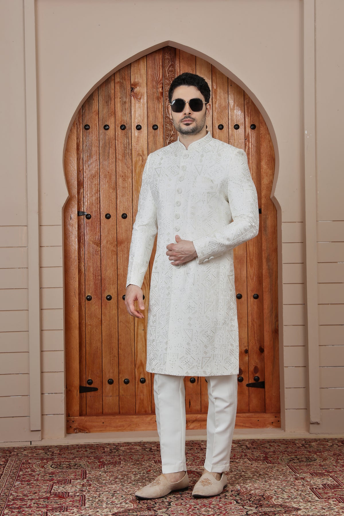 Ivory Jacquard Indo western Sherwani for Men