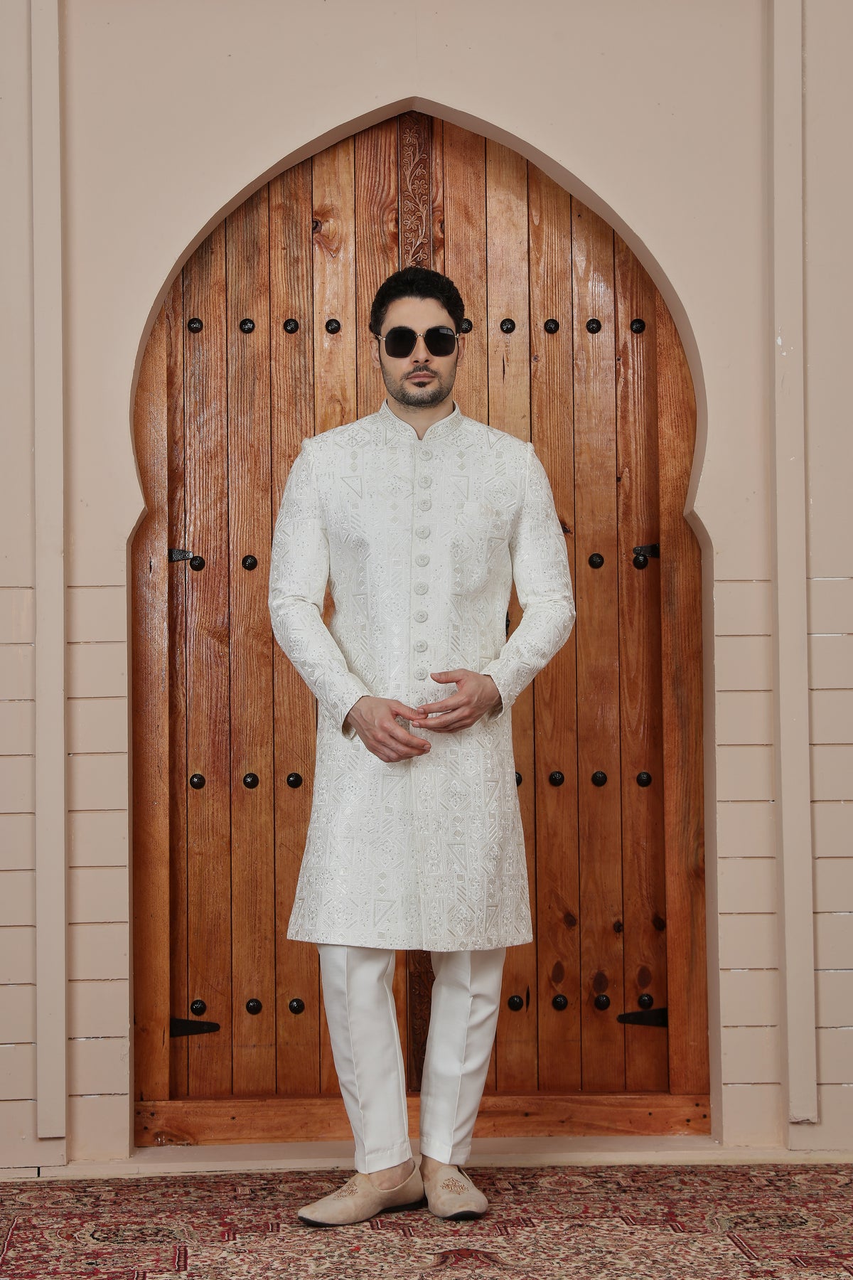 Ivory Jacquard Indo western Sherwani for Men