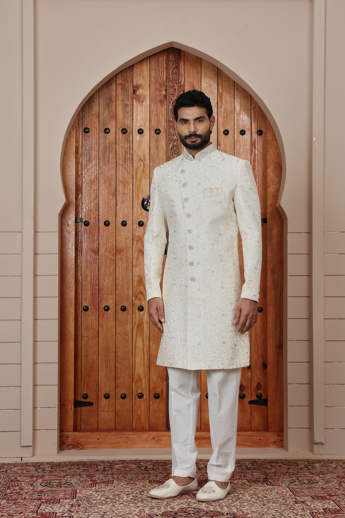 Cream Blossom Motif Indowestern Sherwani for Groom