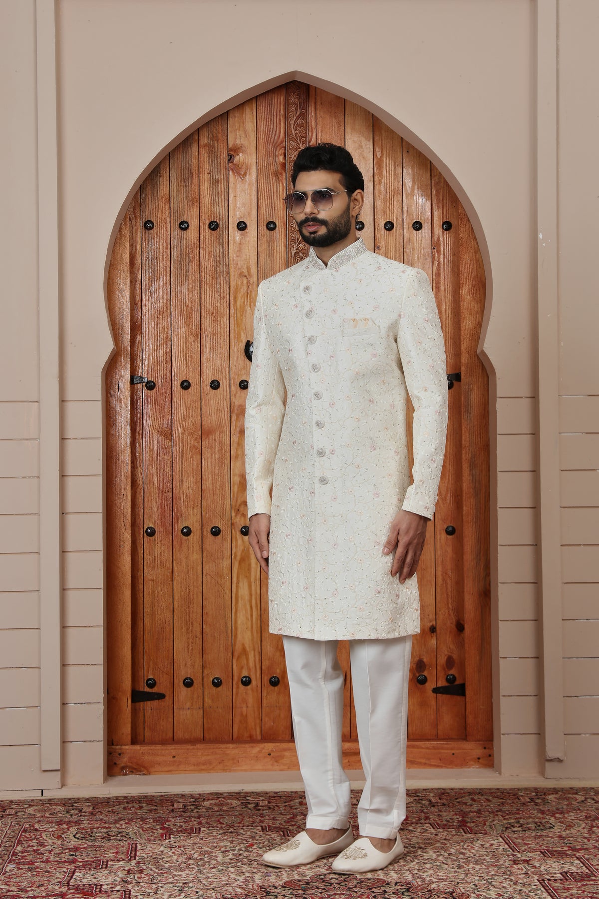 Cream Blossom Motif Indowestern Sherwani for Groom