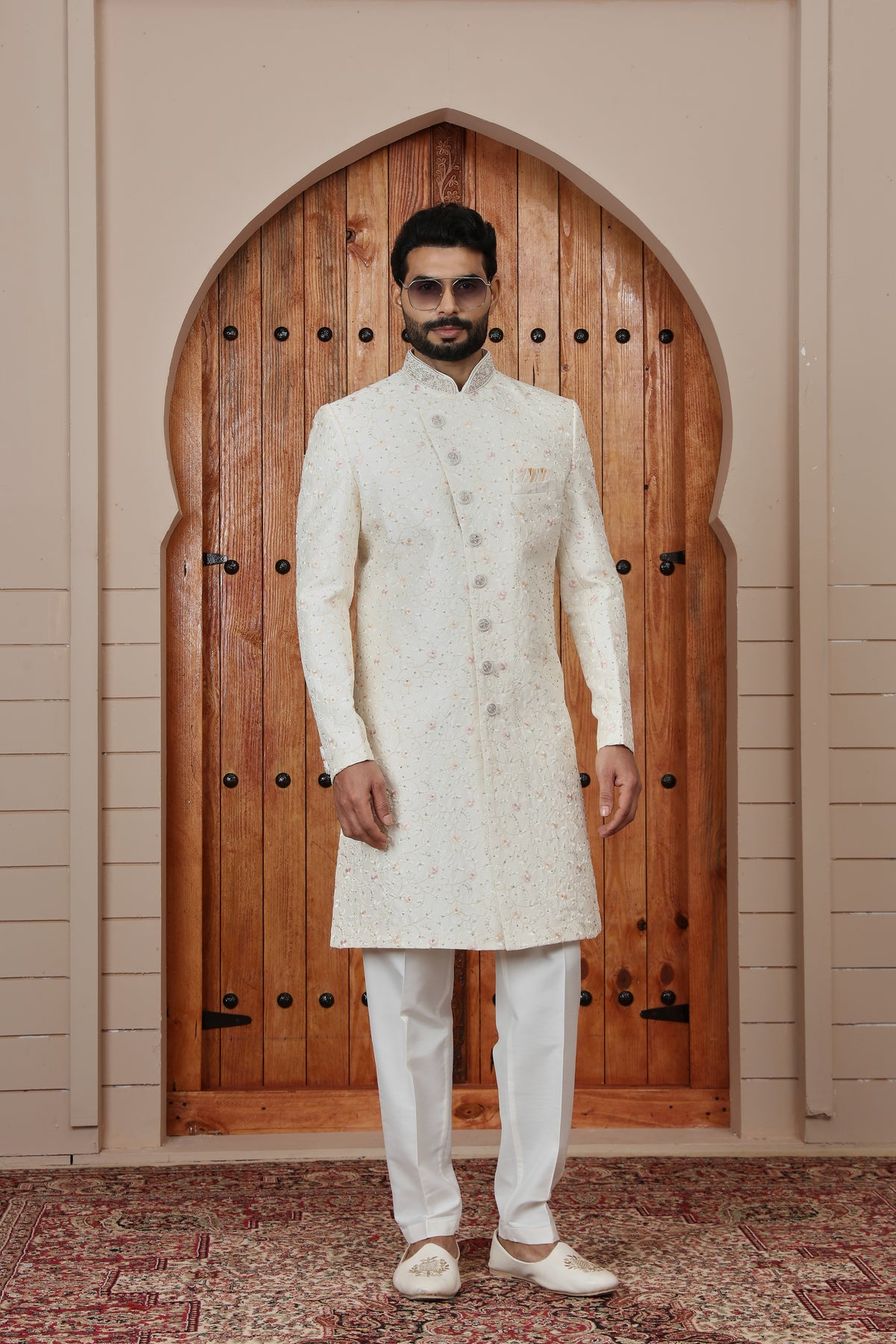 Cream Blossom Motif Indowestern Sherwani for Groom