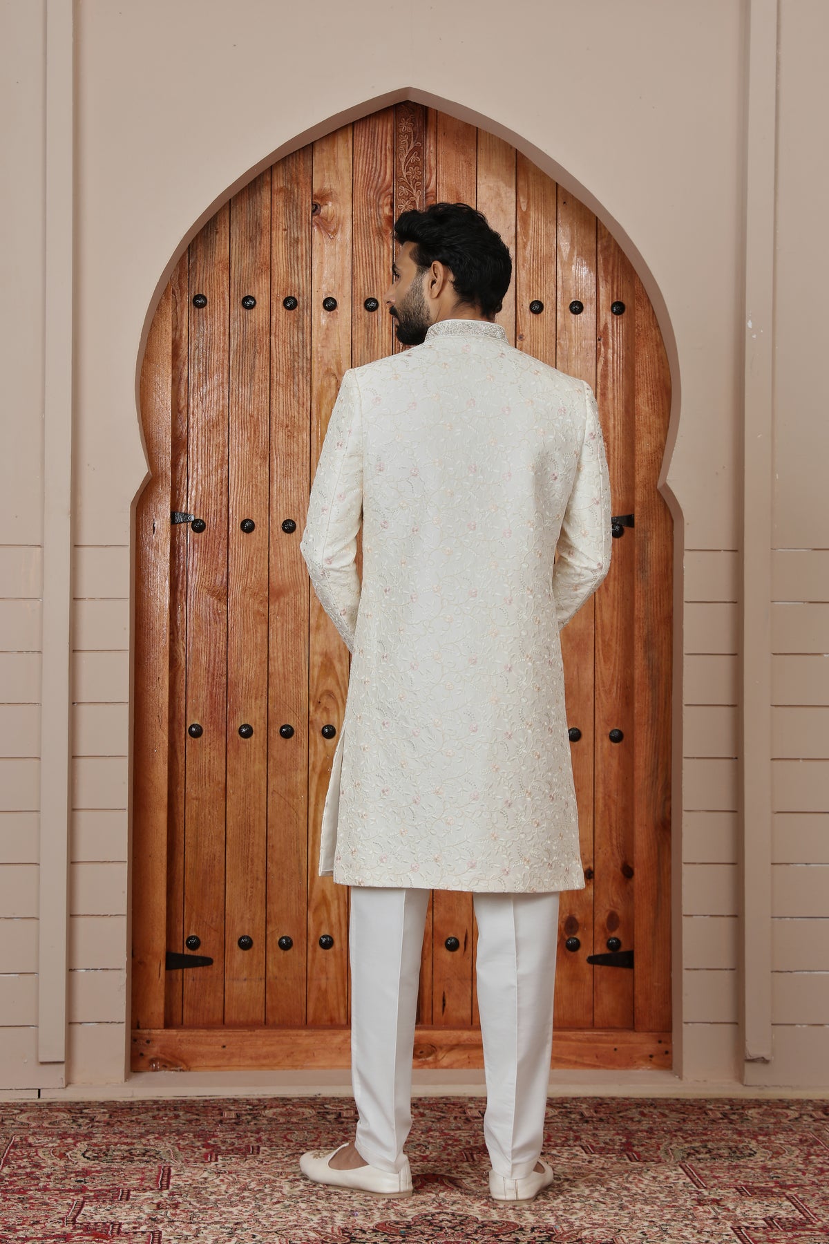 Cream Blossom Motif Indowestern Sherwani for Groom