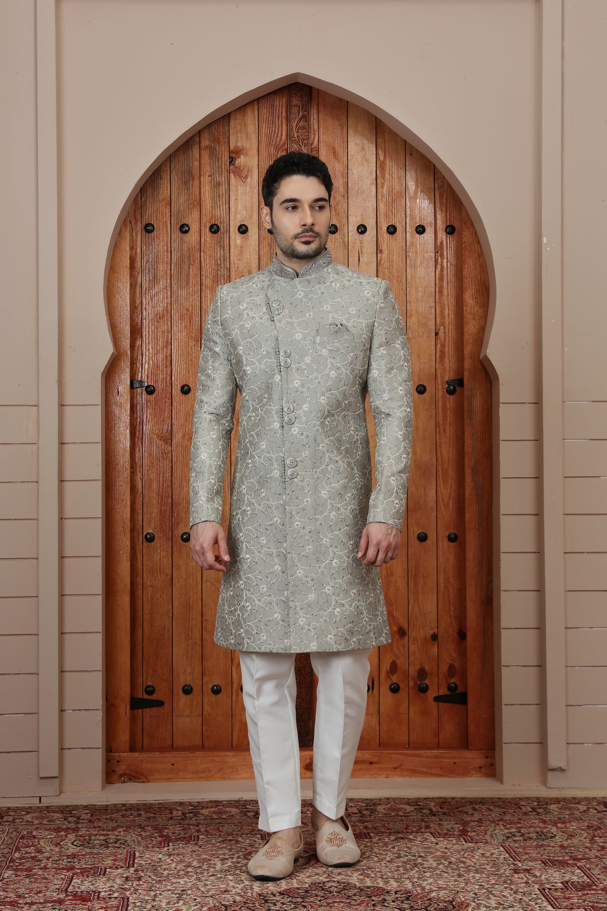 Grey Floral Embroidered Indo Western Sherwani for Men
