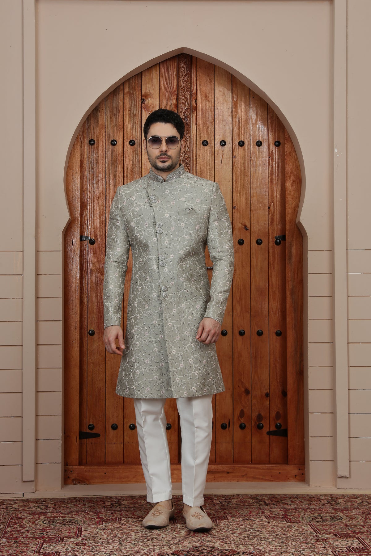 Grey Floral Embroidered Indo Western Sherwani for Men