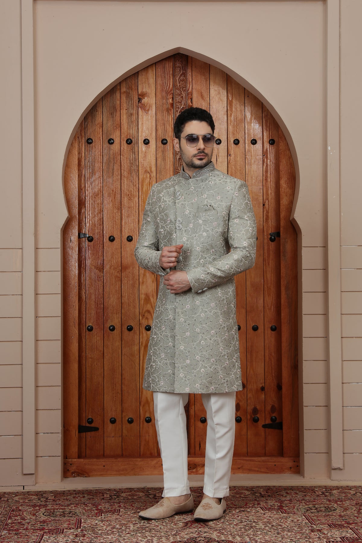 Grey Floral Embroidered Indo Western Sherwani for Men