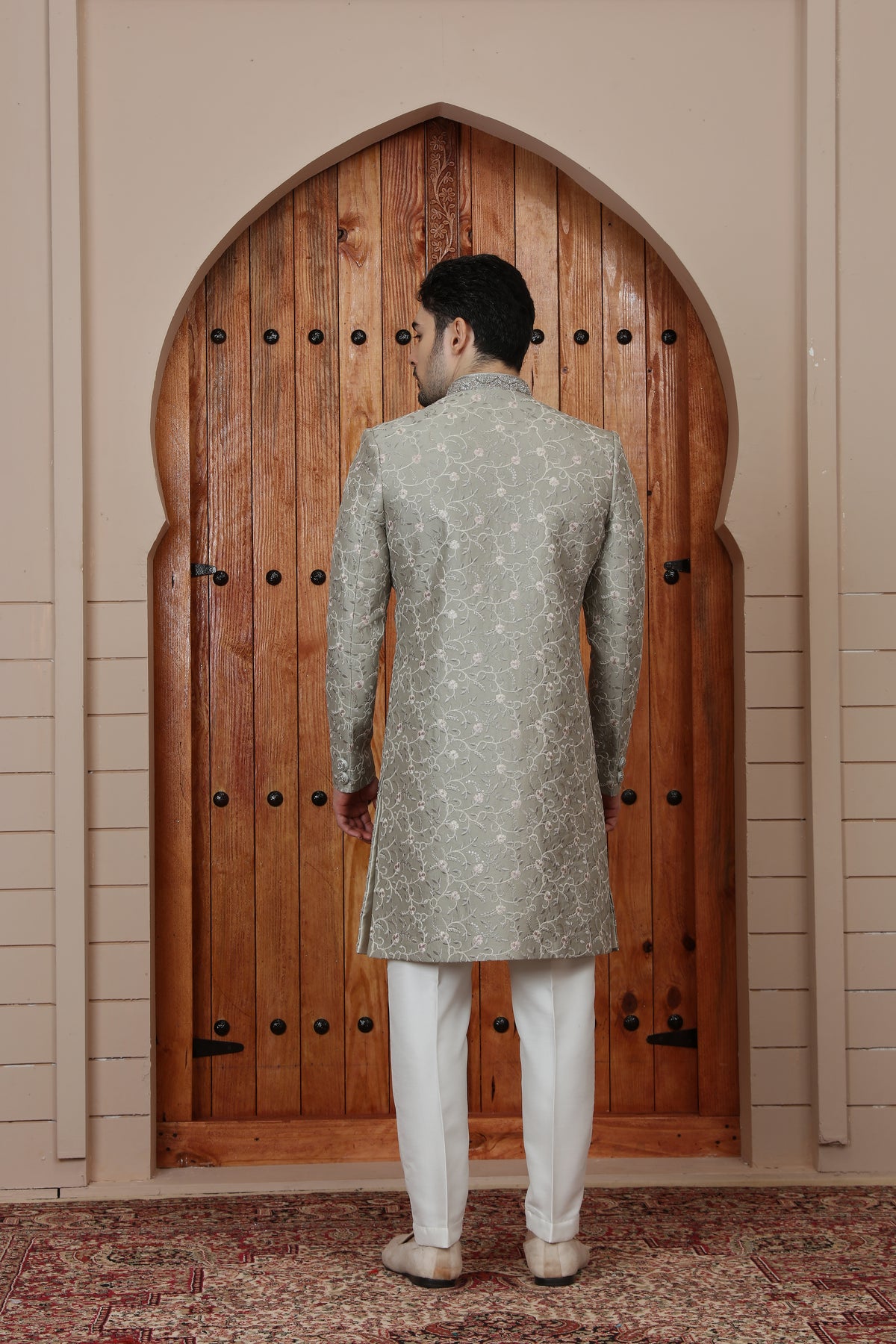 Grey Floral Embroidered Indo Western Sherwani for Men