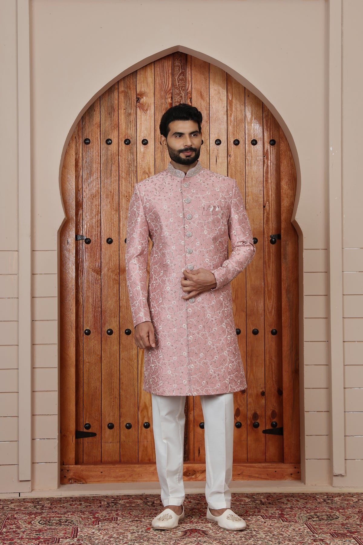 Onion Pink Embroidered Indowestern Sherwani for Men