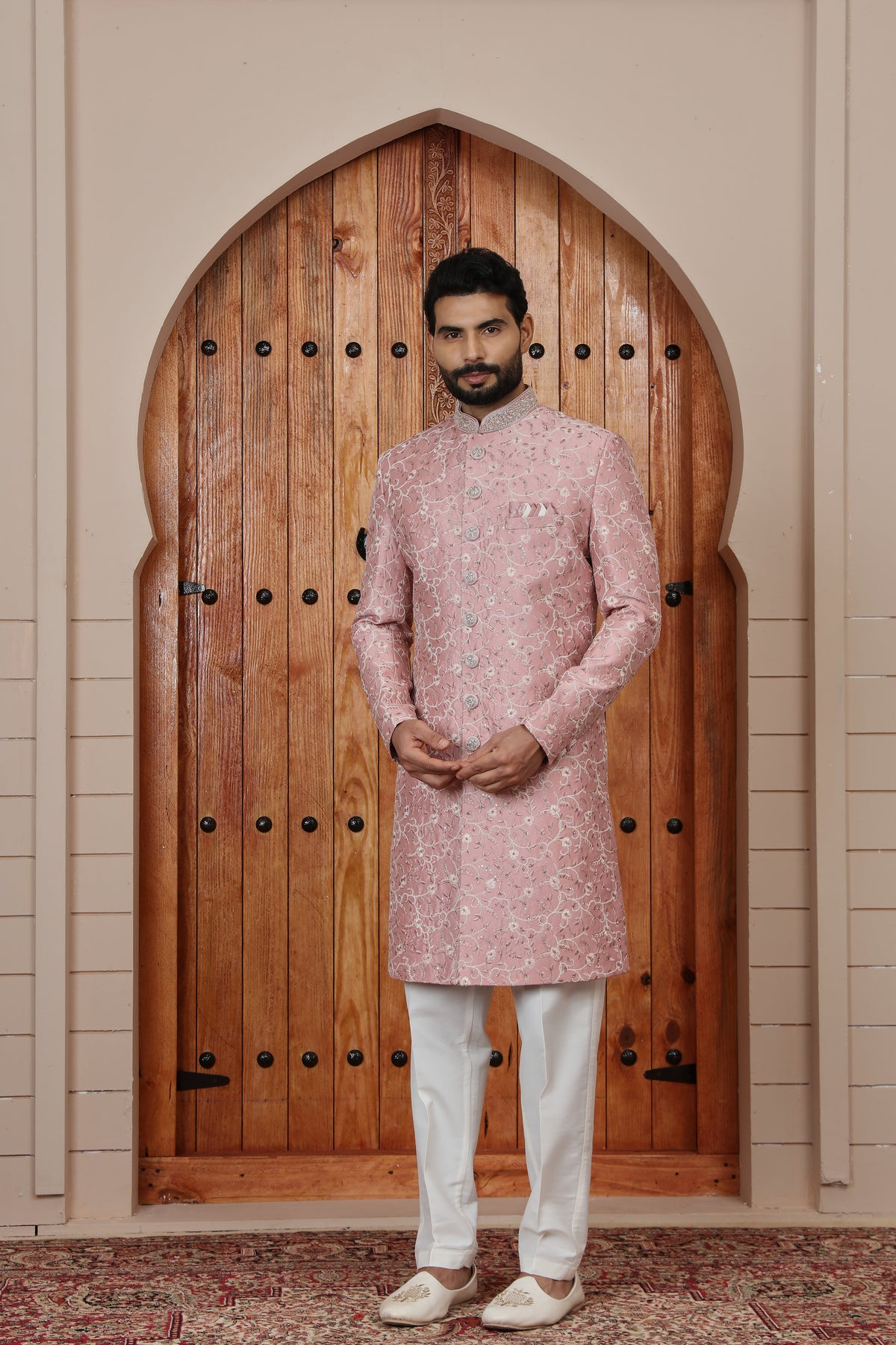 Onion Pink Embroidered Indowestern Sherwani for Men