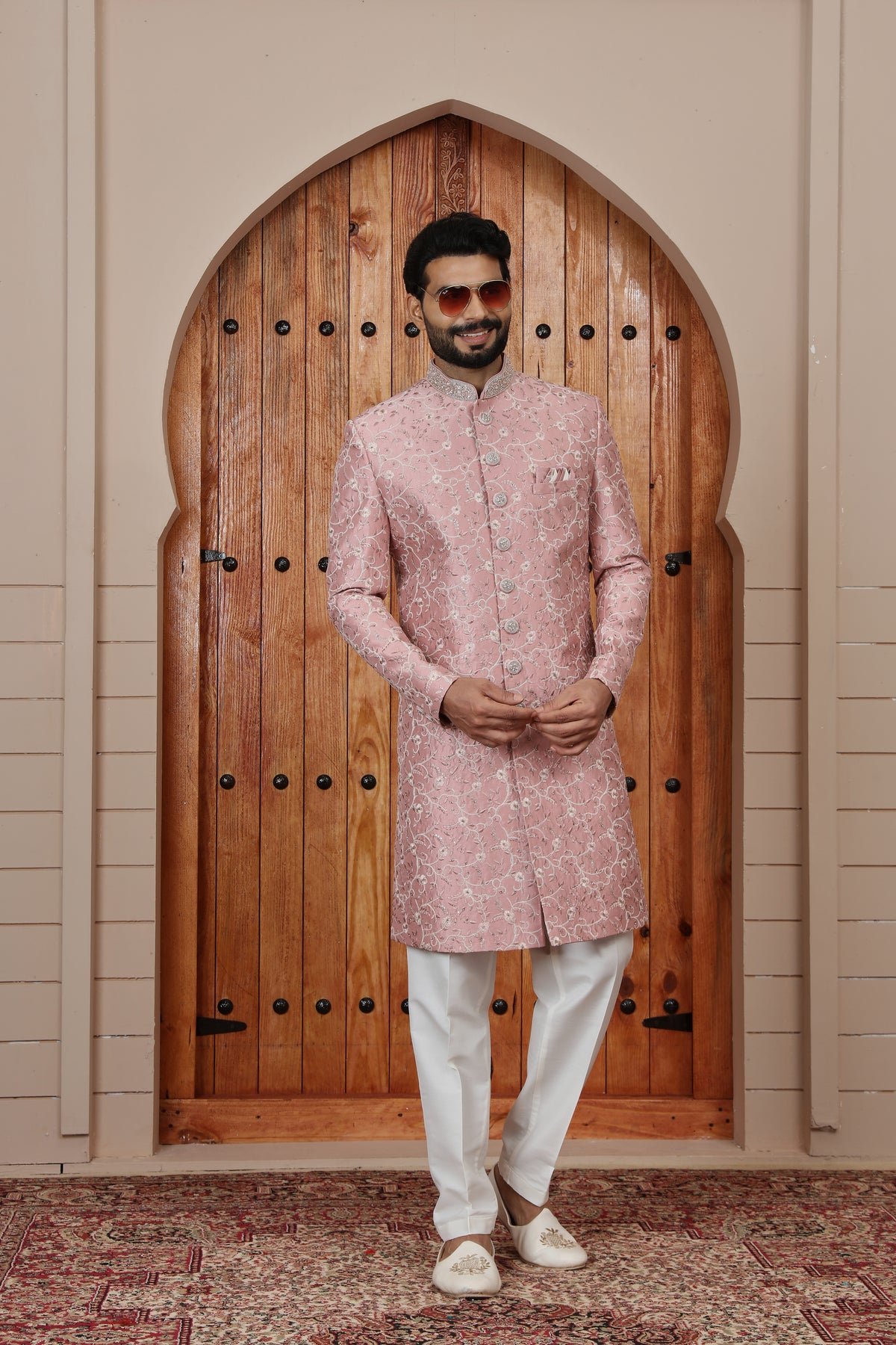 Onion Pink Embroidered Indowestern Sherwani for Men