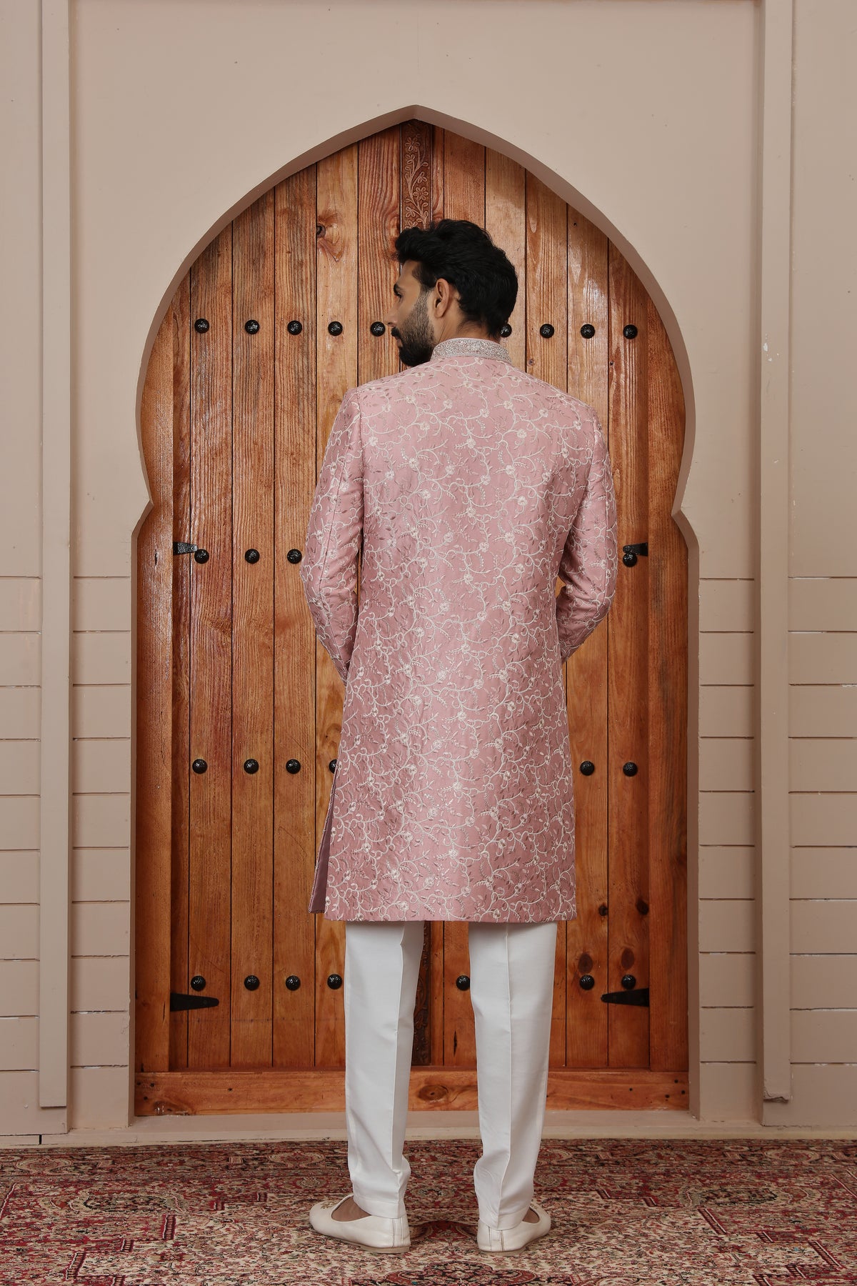 Onion Pink Embroidered Indowestern Sherwani for Men