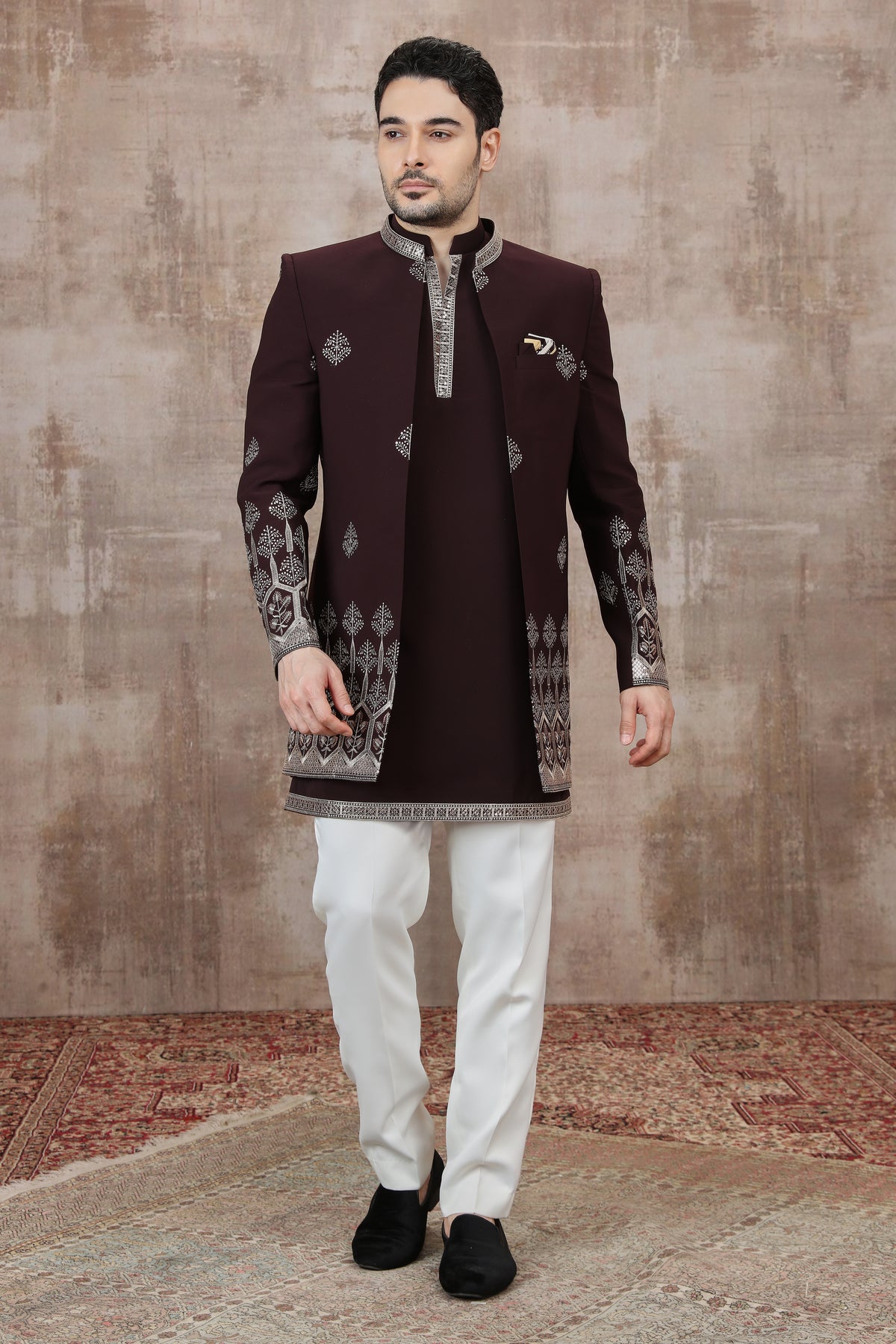 Maroon Embroidered Indo Western for Men