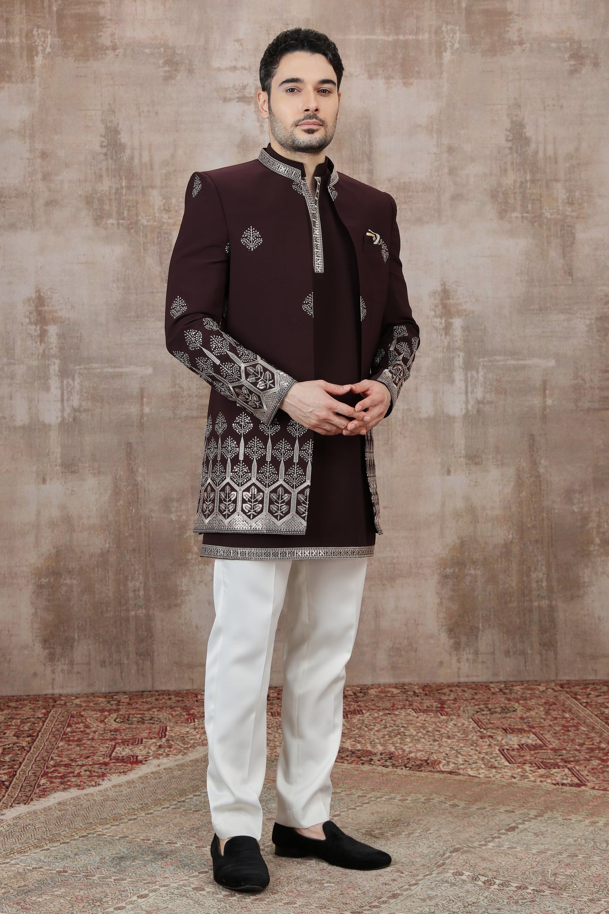 Maroon Embroidered Indo Western for Men