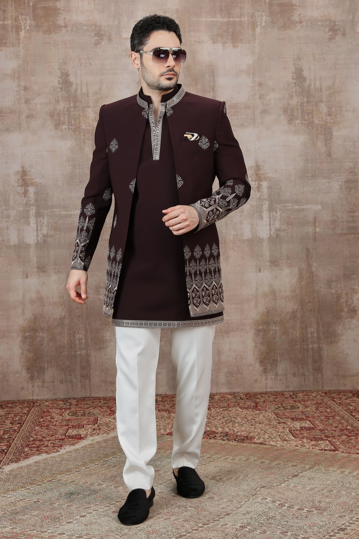 Maroon Embroidered Indo Western for Men