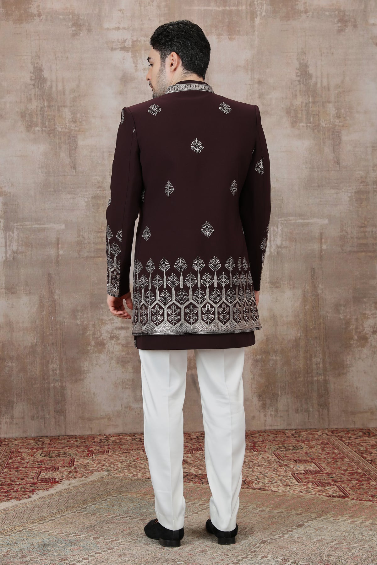 Maroon Embroidered Indo Western for Men