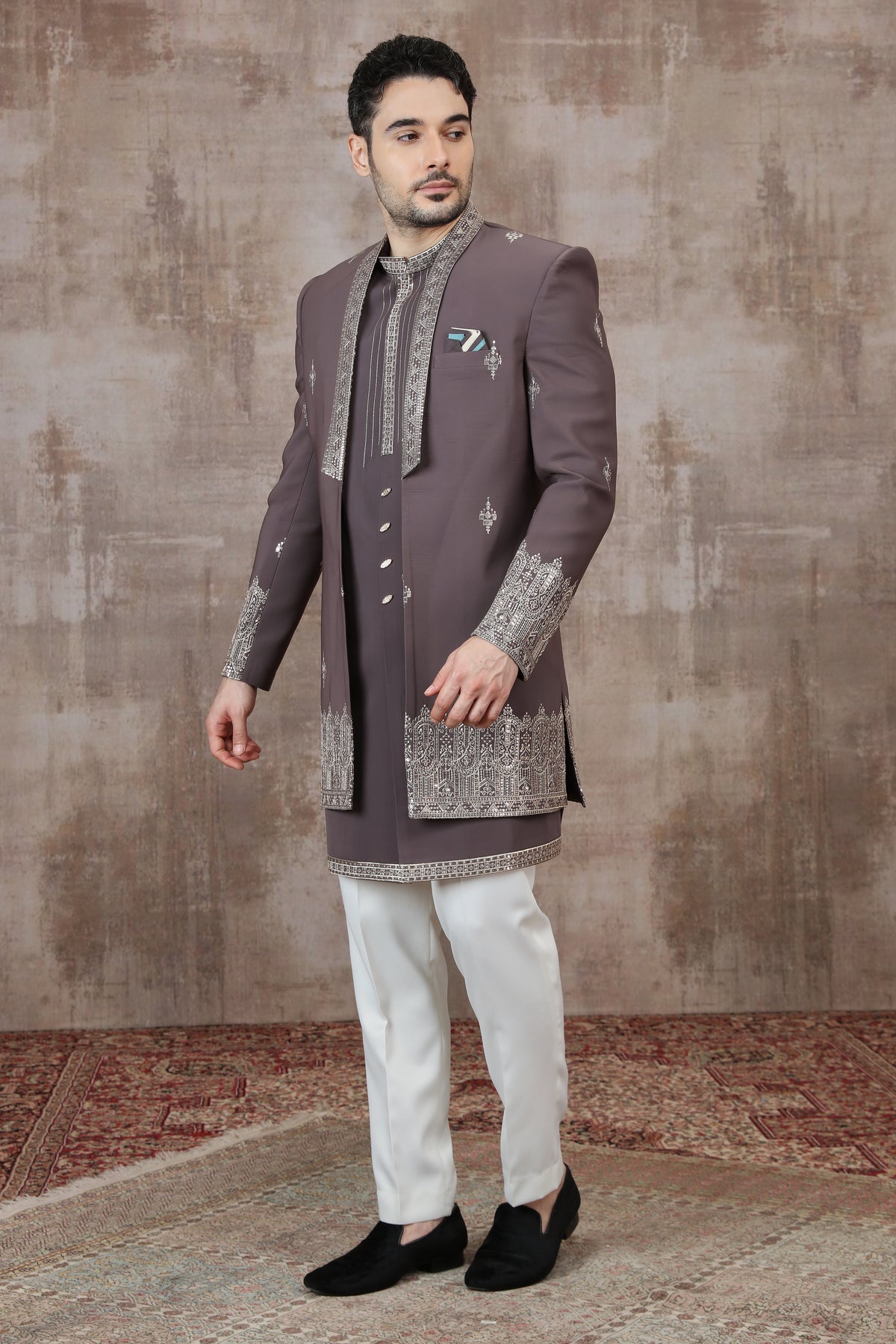 Mauve Silver Border Indo Western for Men