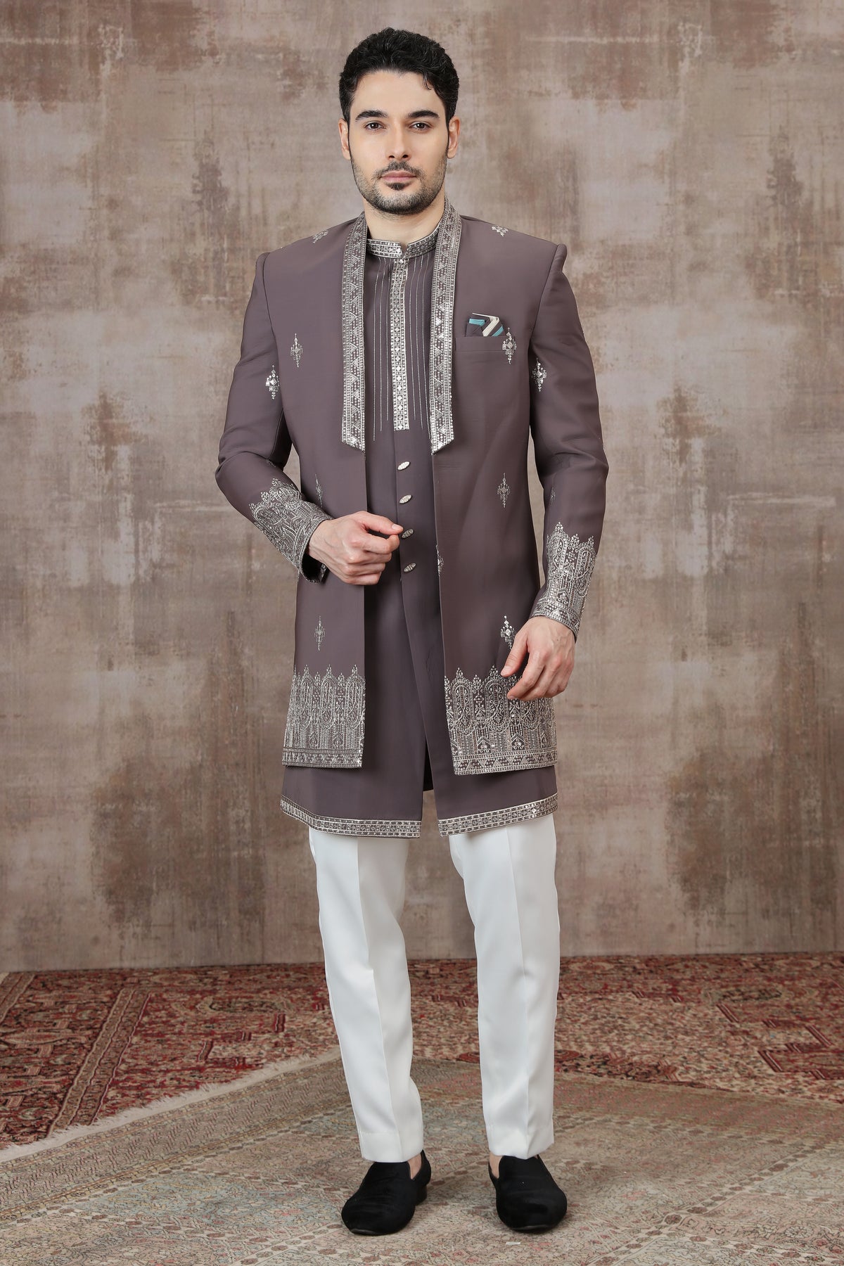Mauve Silver Border Indo Western for Men