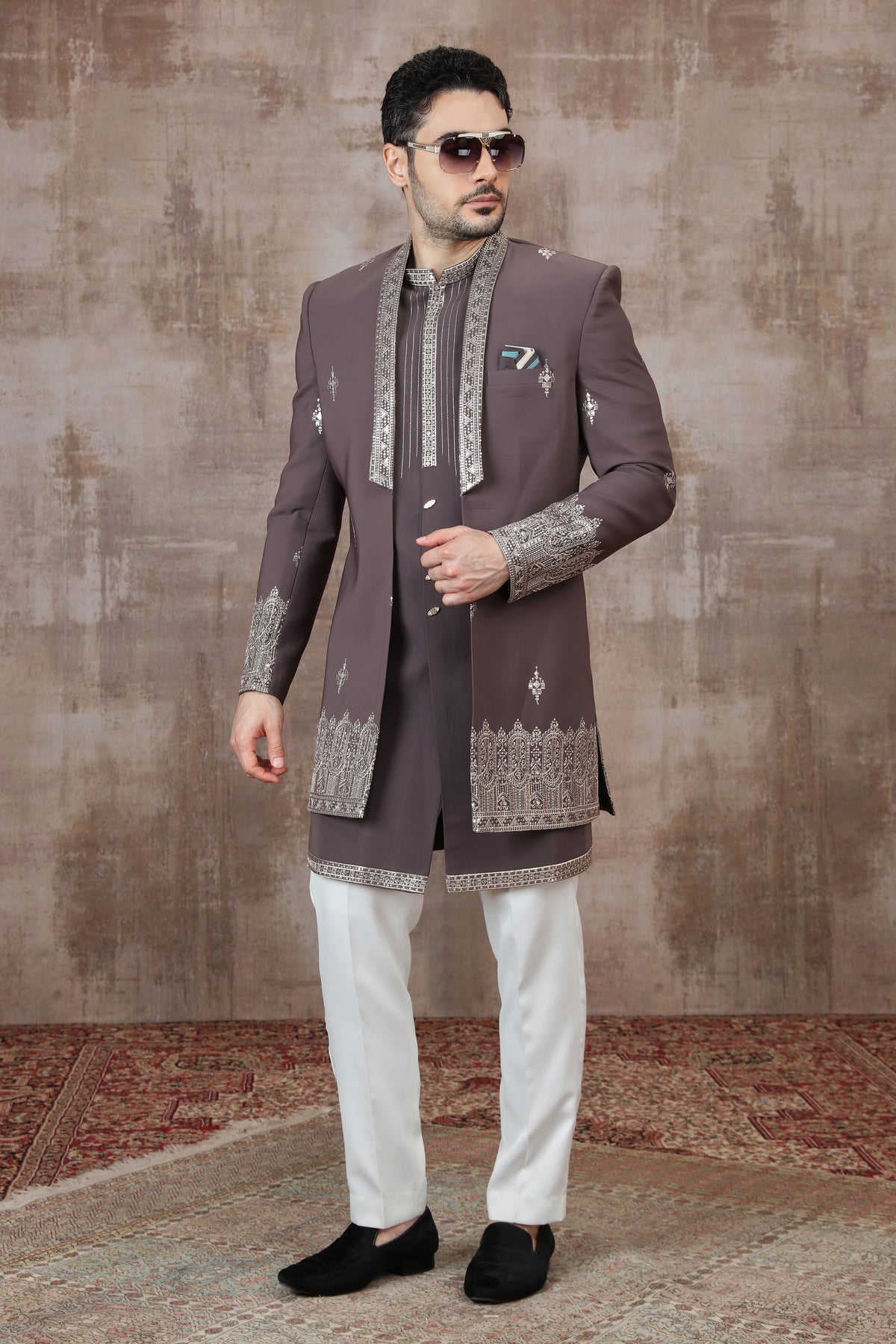 Mauve Silver Border Indo Western for Men