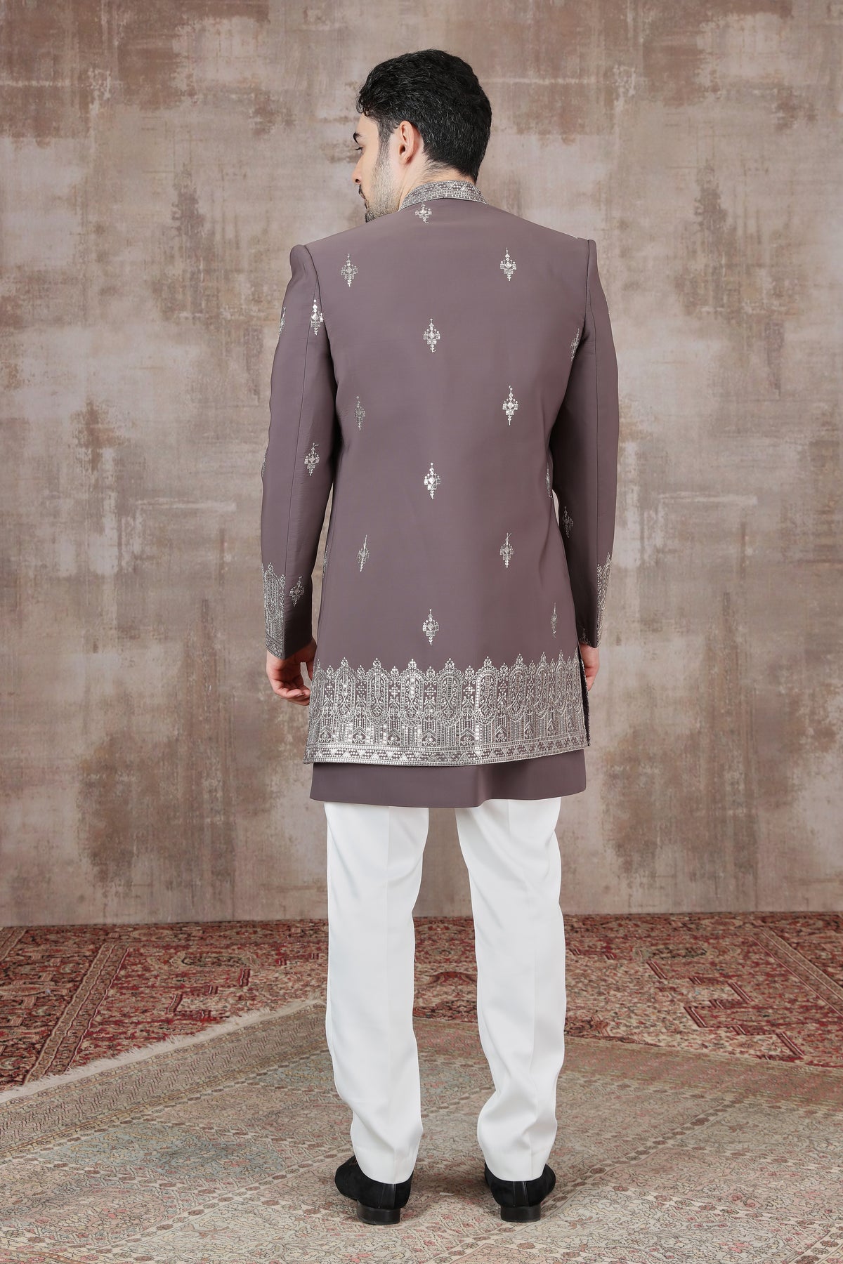 Mauve Silver Border Indo Western for Men