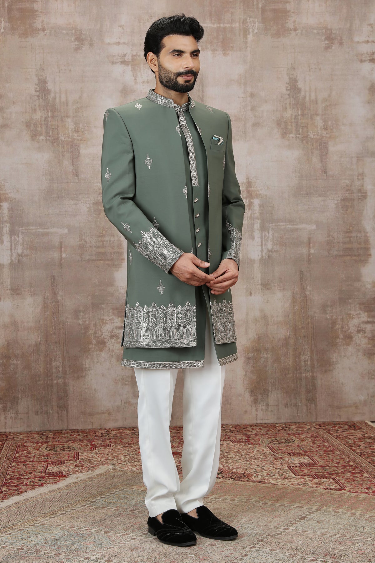 Green Ornamental Border Indo Western Set