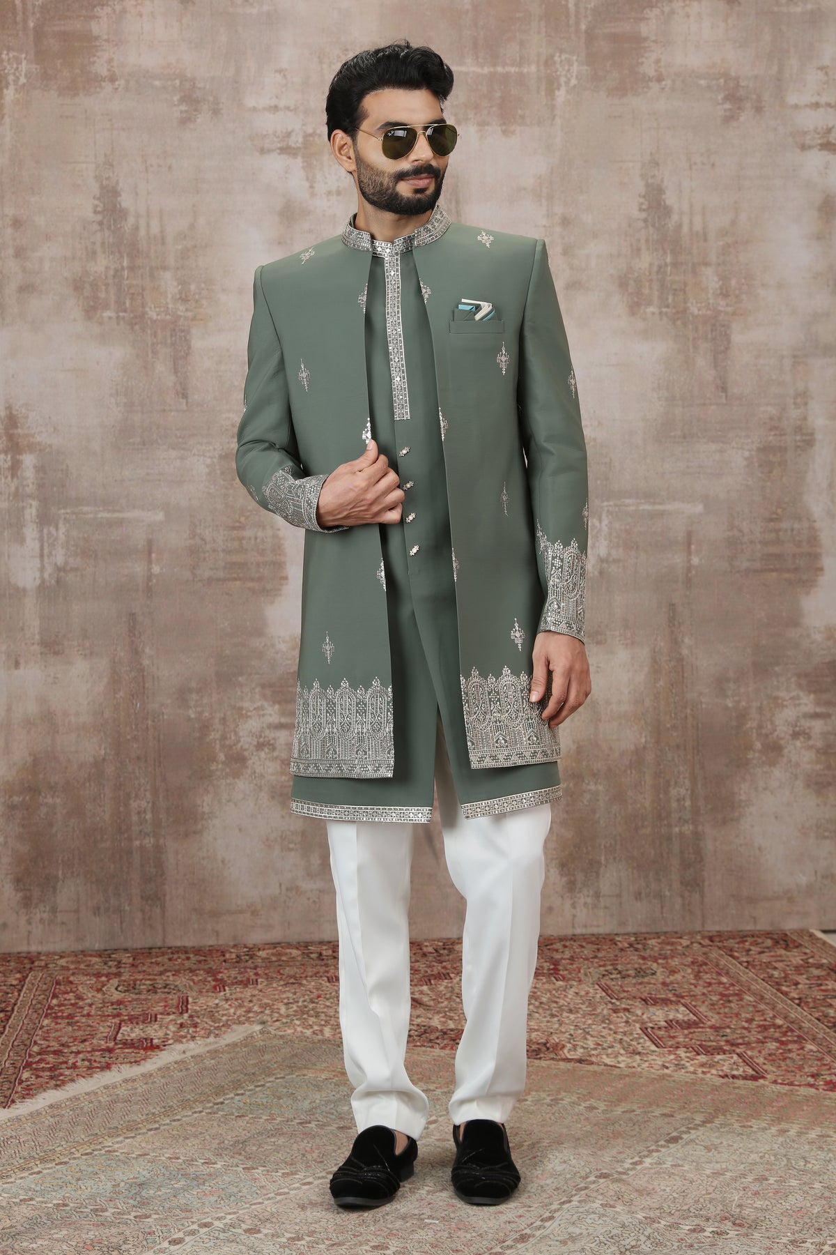 Green Ornamental Border Indo Western Set