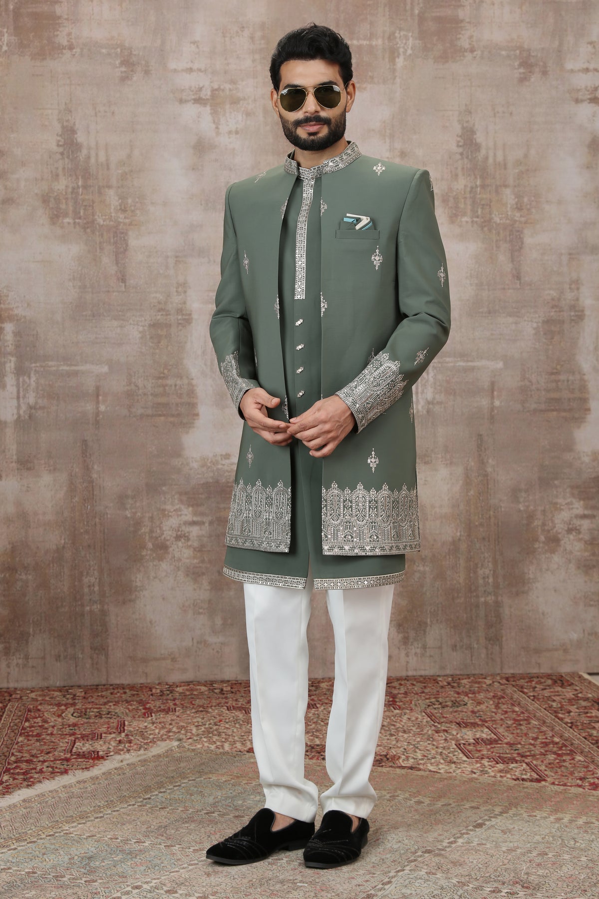 Green Ornamental Border Indo Western Set