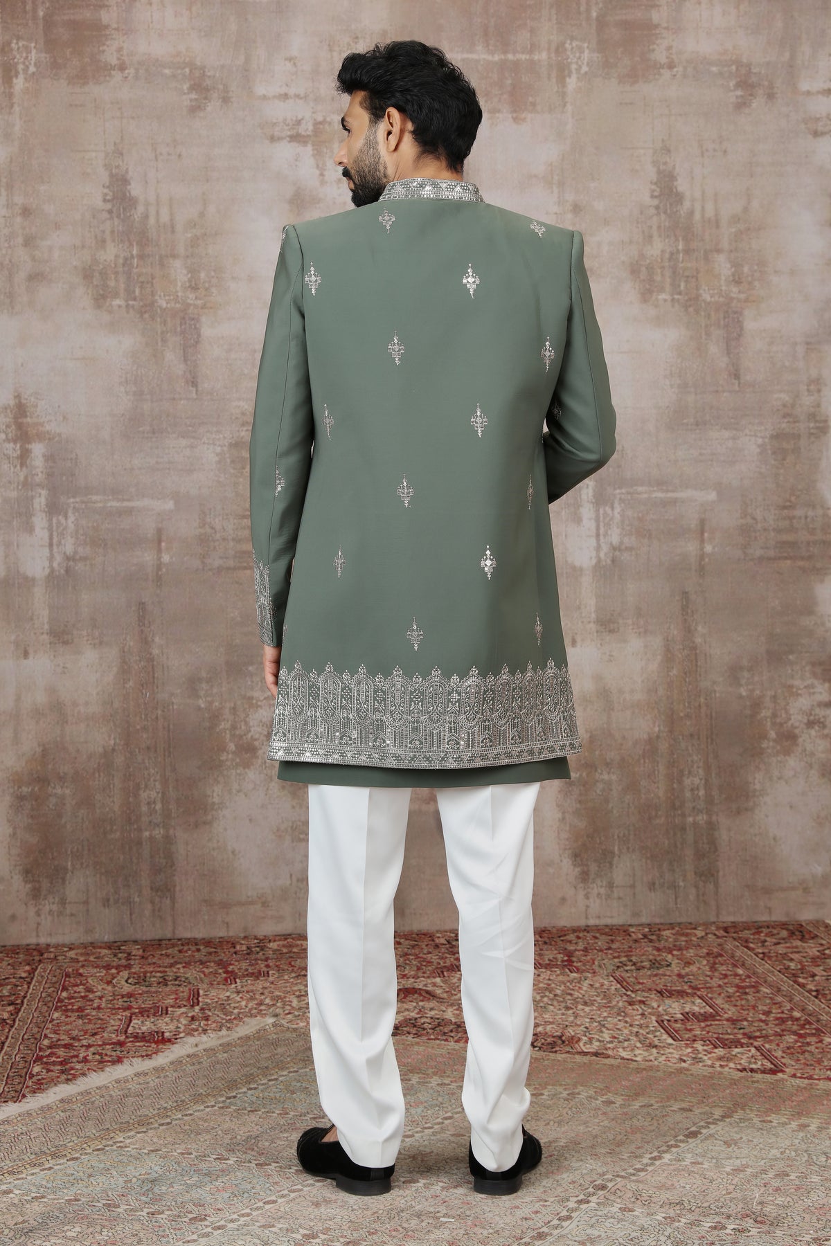 Green Ornamental Border Indo Western Set