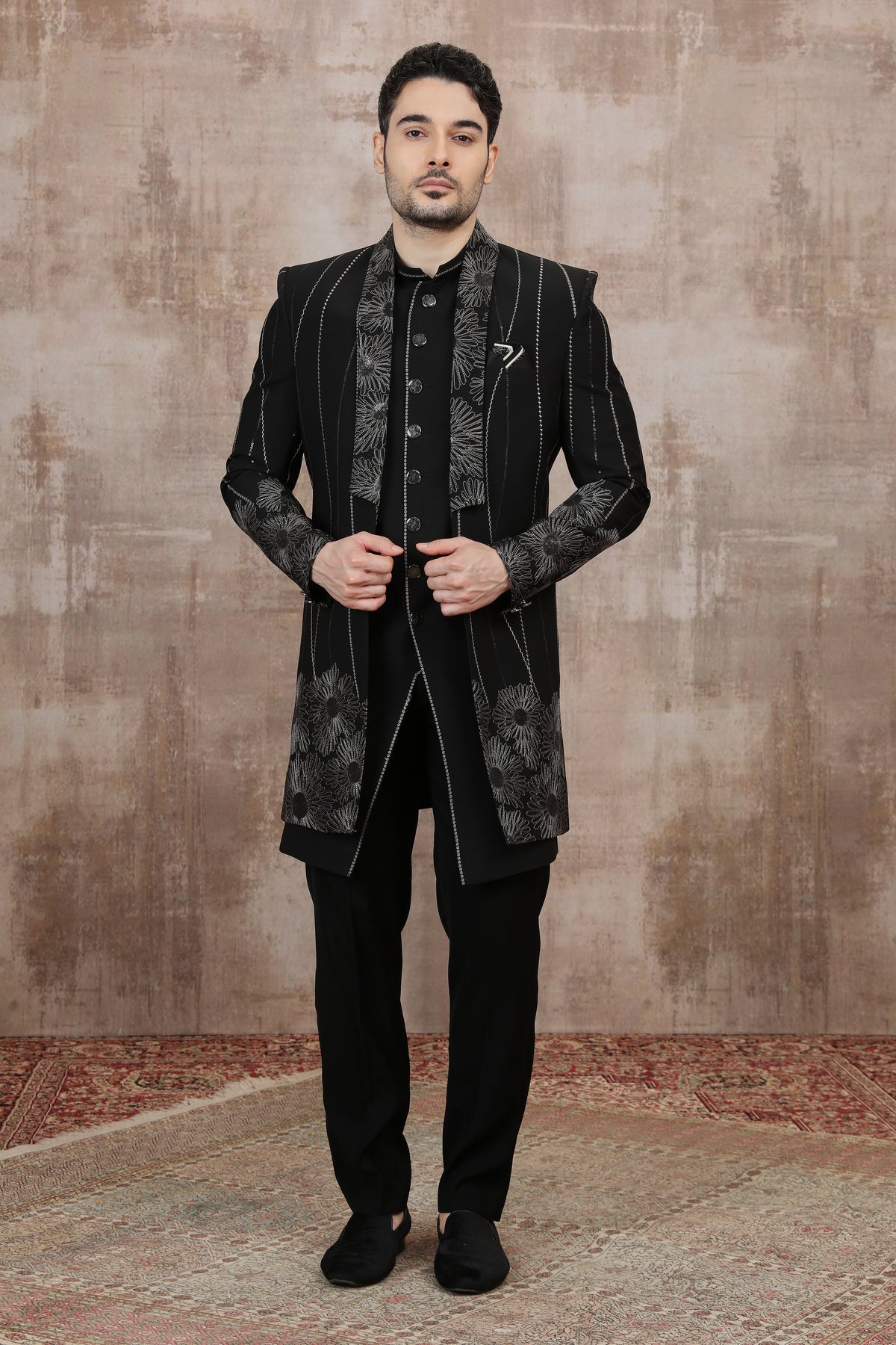 Black Vertical Stripe Indo Western with Trouser