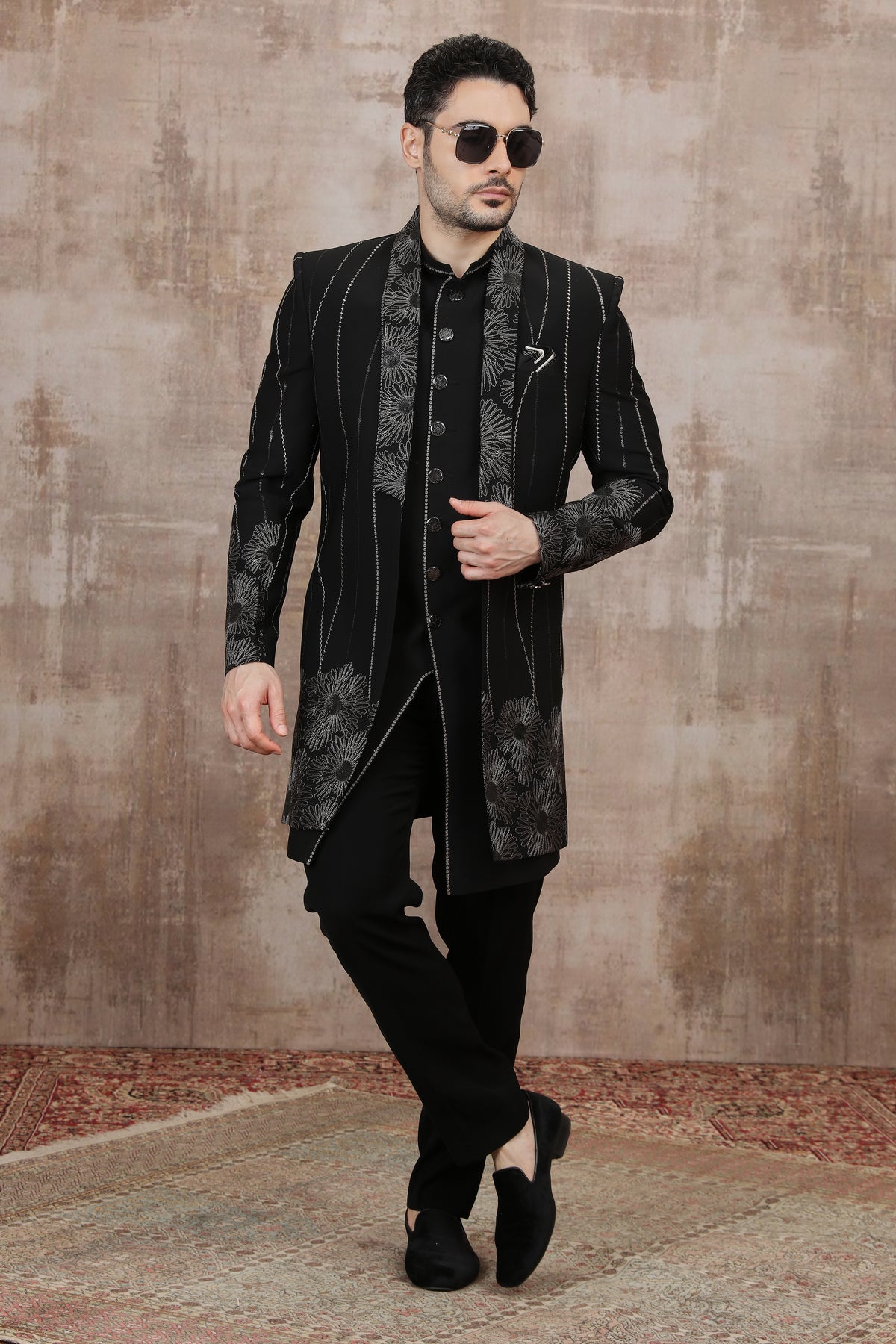 Black Vertical Stripe Indo Western with Trouser