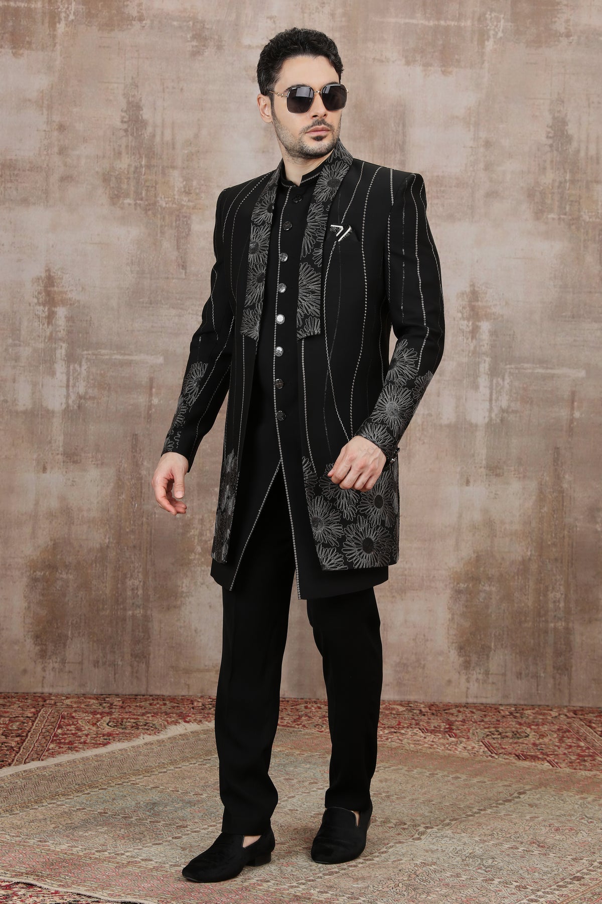 Black Vertical Stripe Indo Western with Trouser