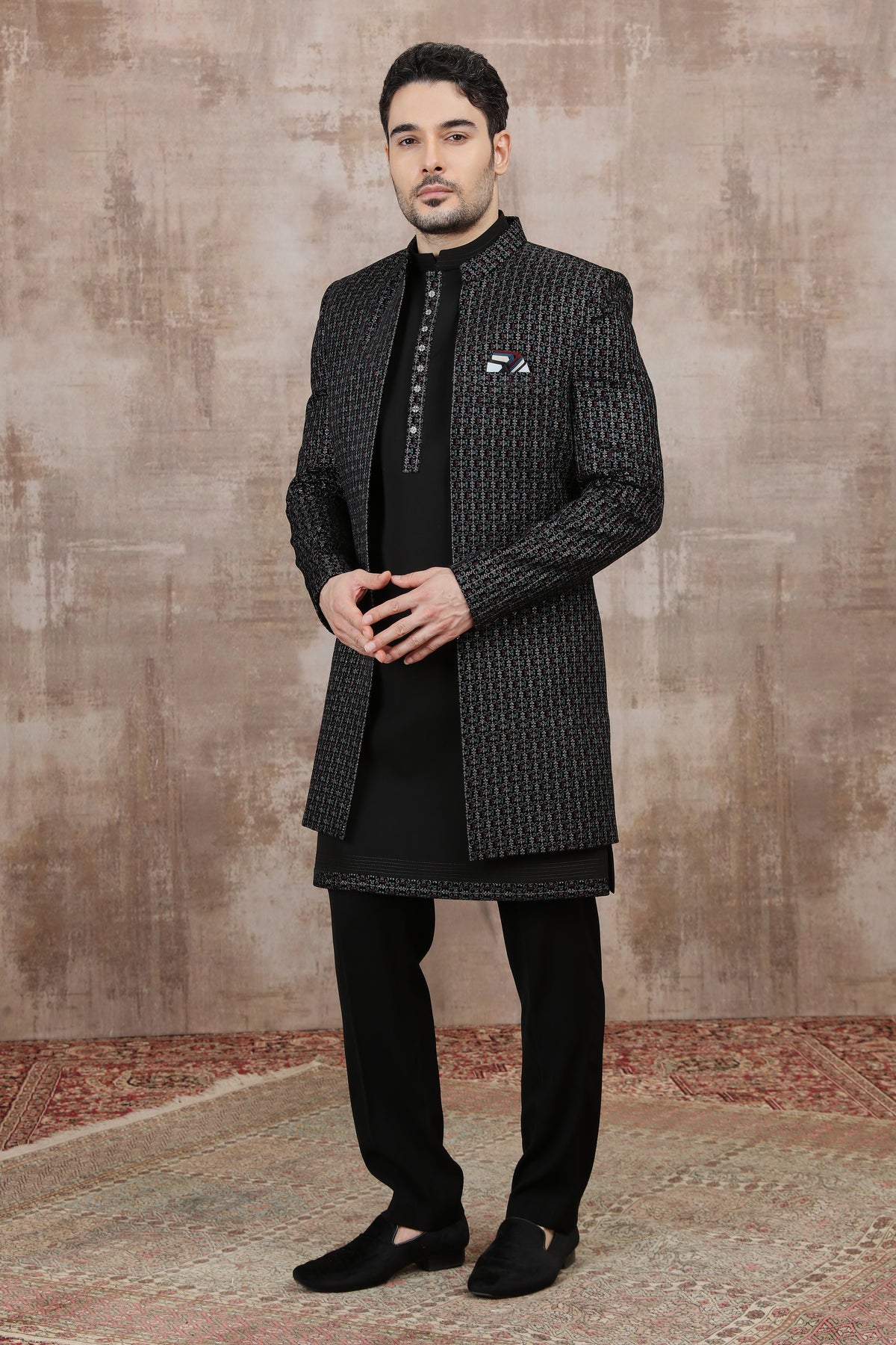 Black Geometric Print Indo Western Party Set