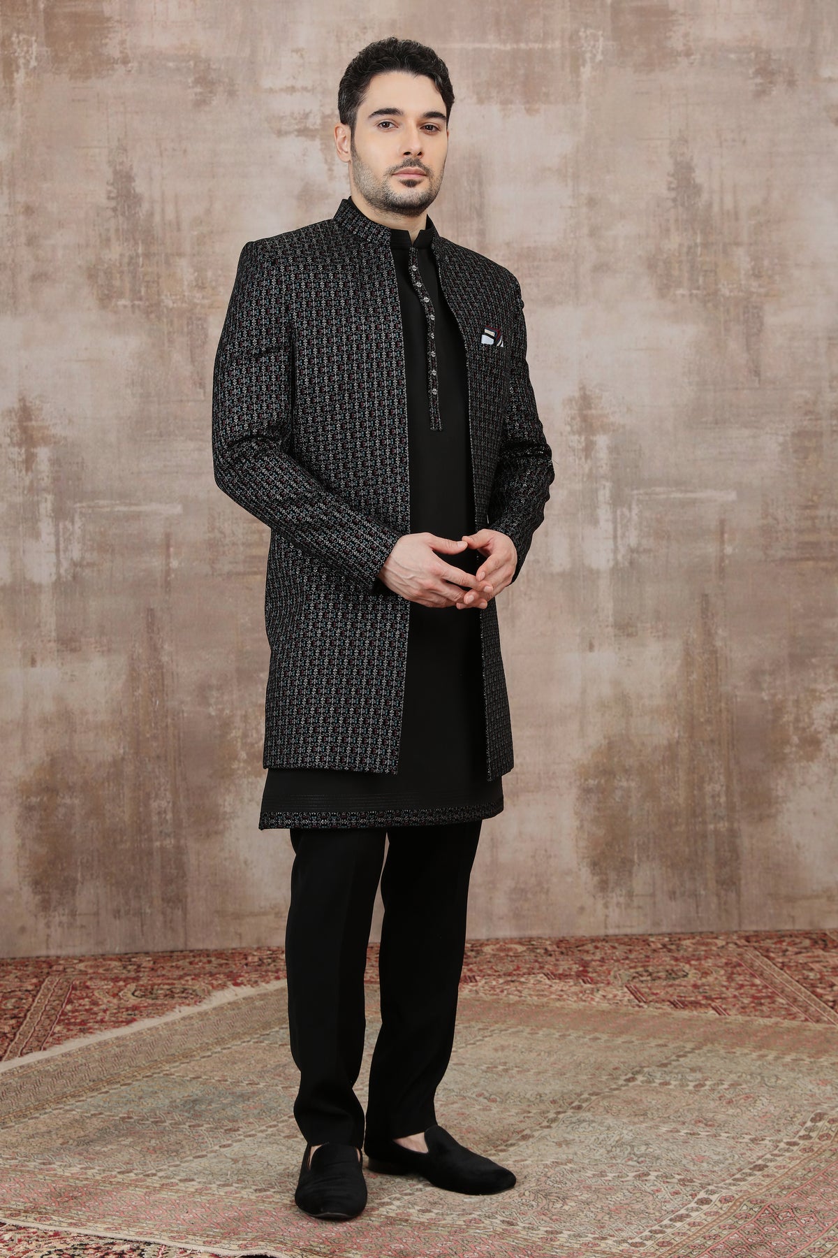 Black Geometric Print Indo Western Party Set