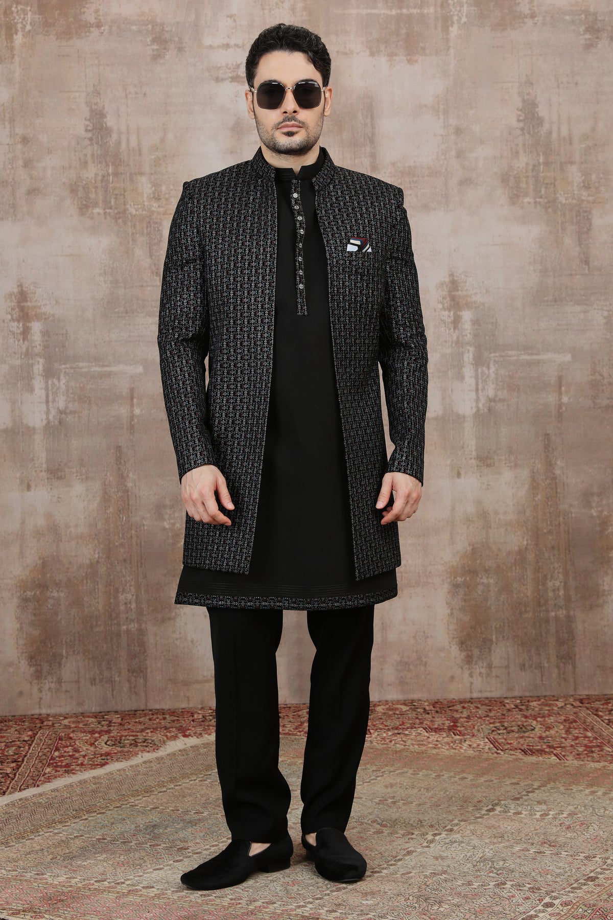 Black Geometric Print Indo Western Party Set