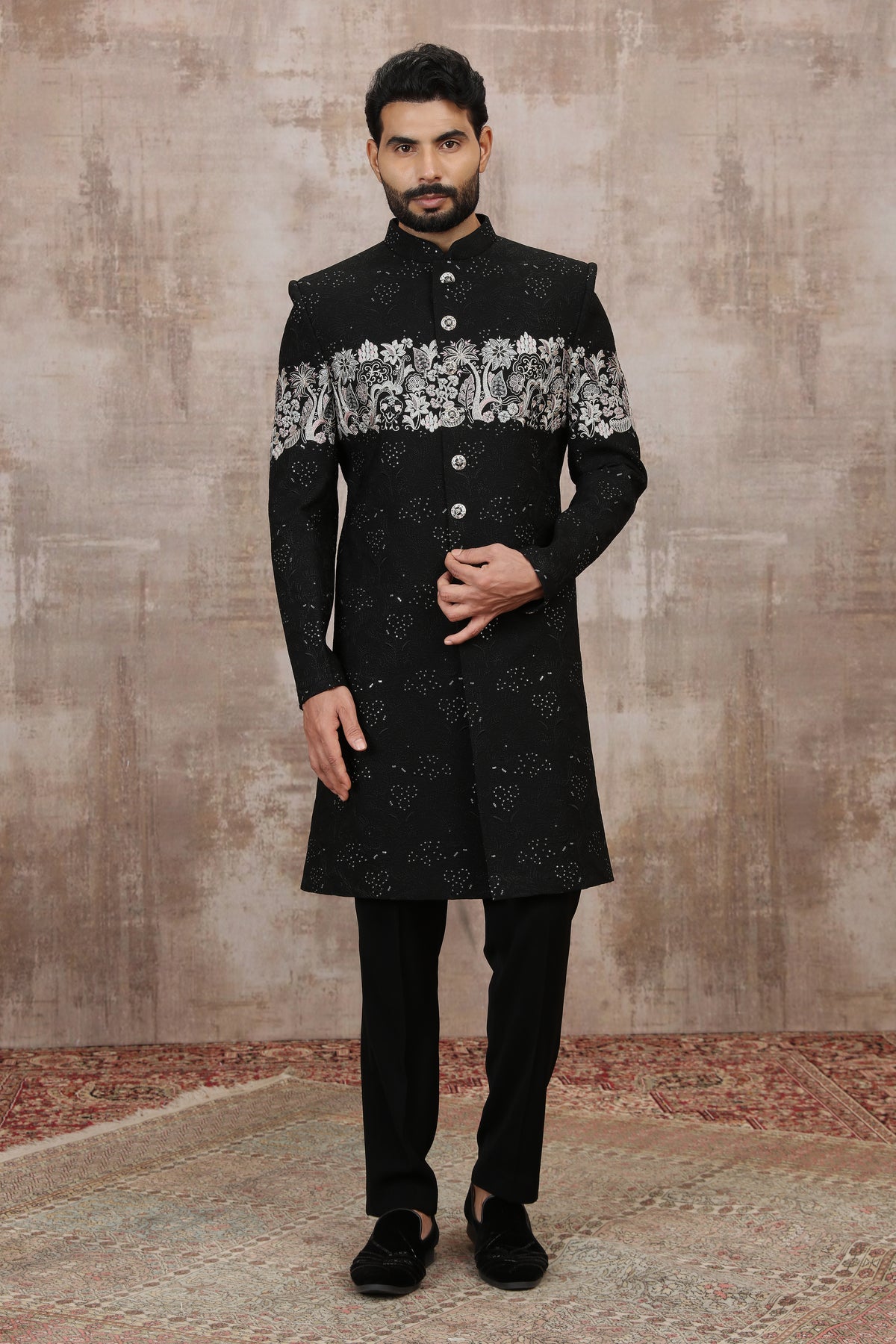 Black Floral Chest Design Indo Western Sherwani