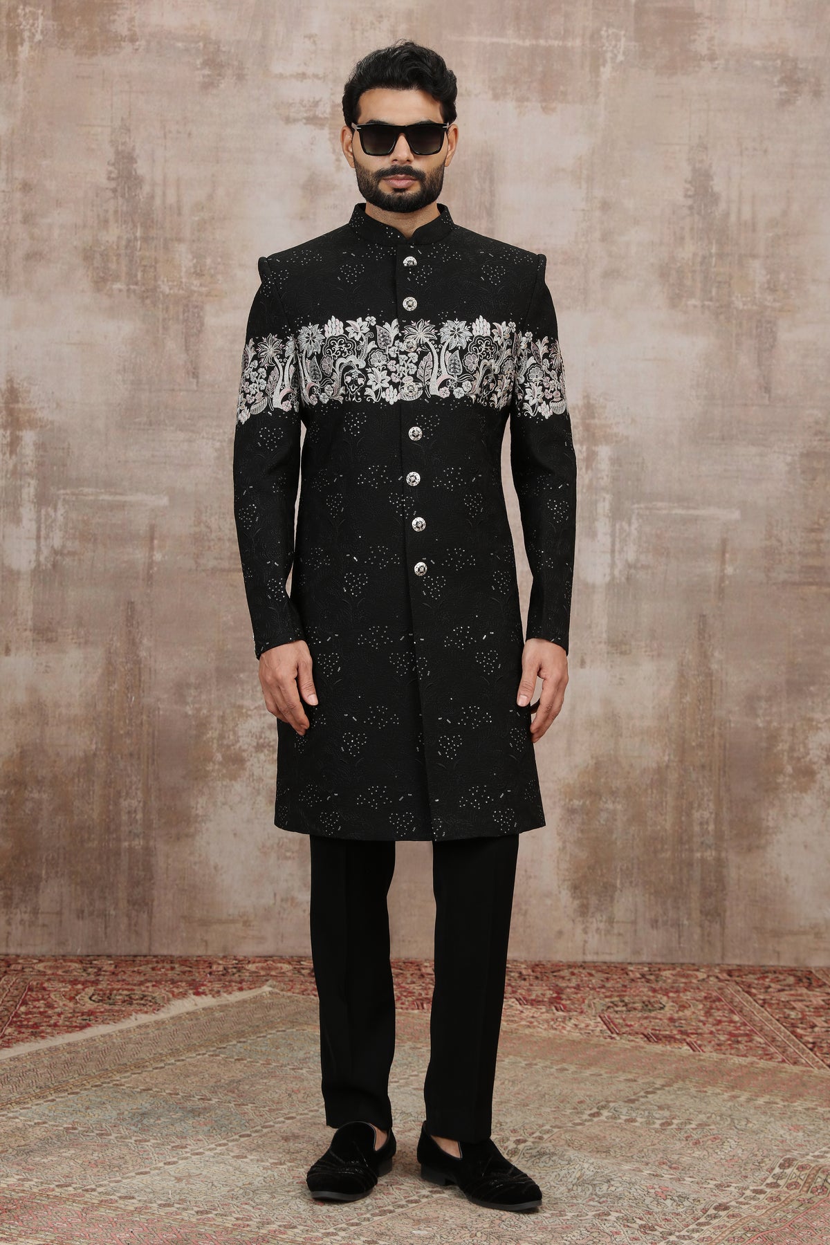 Black Floral Chest Design Indo Western Sherwani