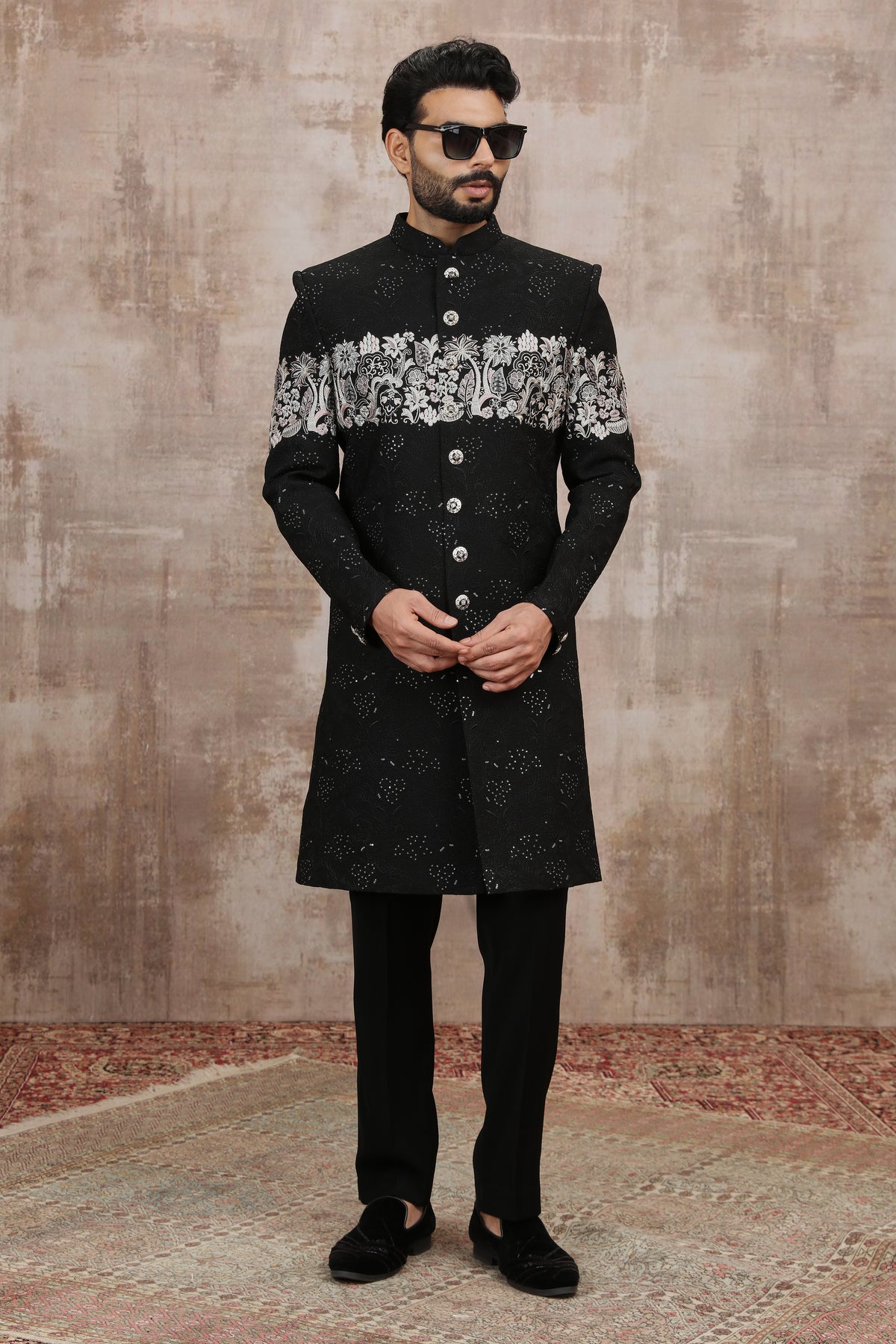 Black Floral Chest Design Indo Western Sherwani