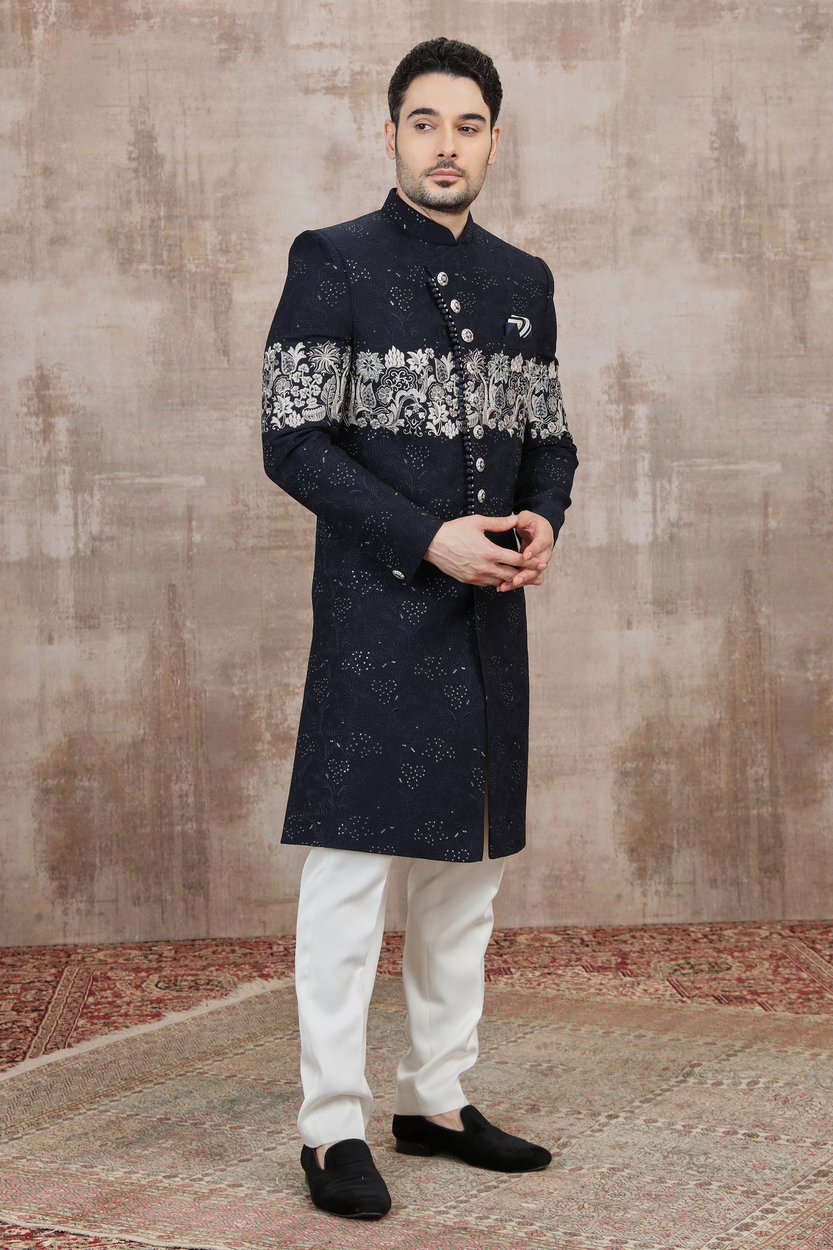 Blue Floral Motif Indo Western Sherwani