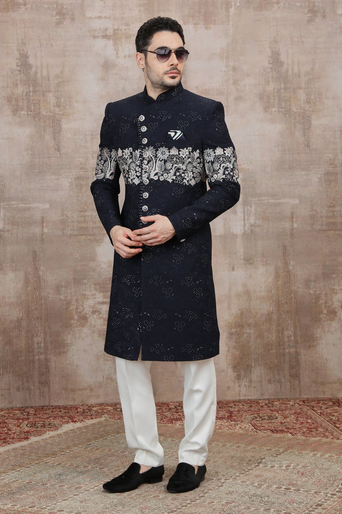 Black Floral Chest Design Indo Western Sherwani