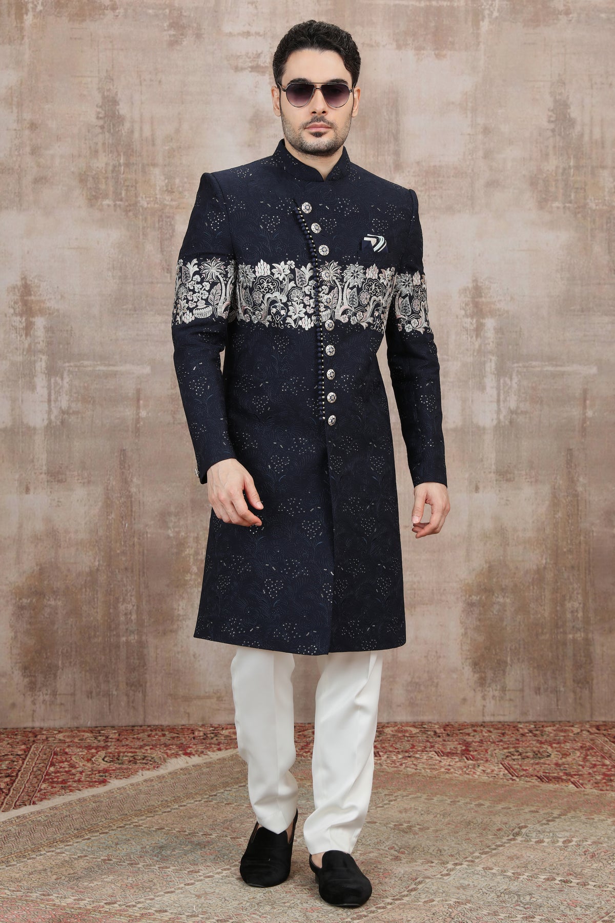 Blue Floral Motif Indo Western Sherwani