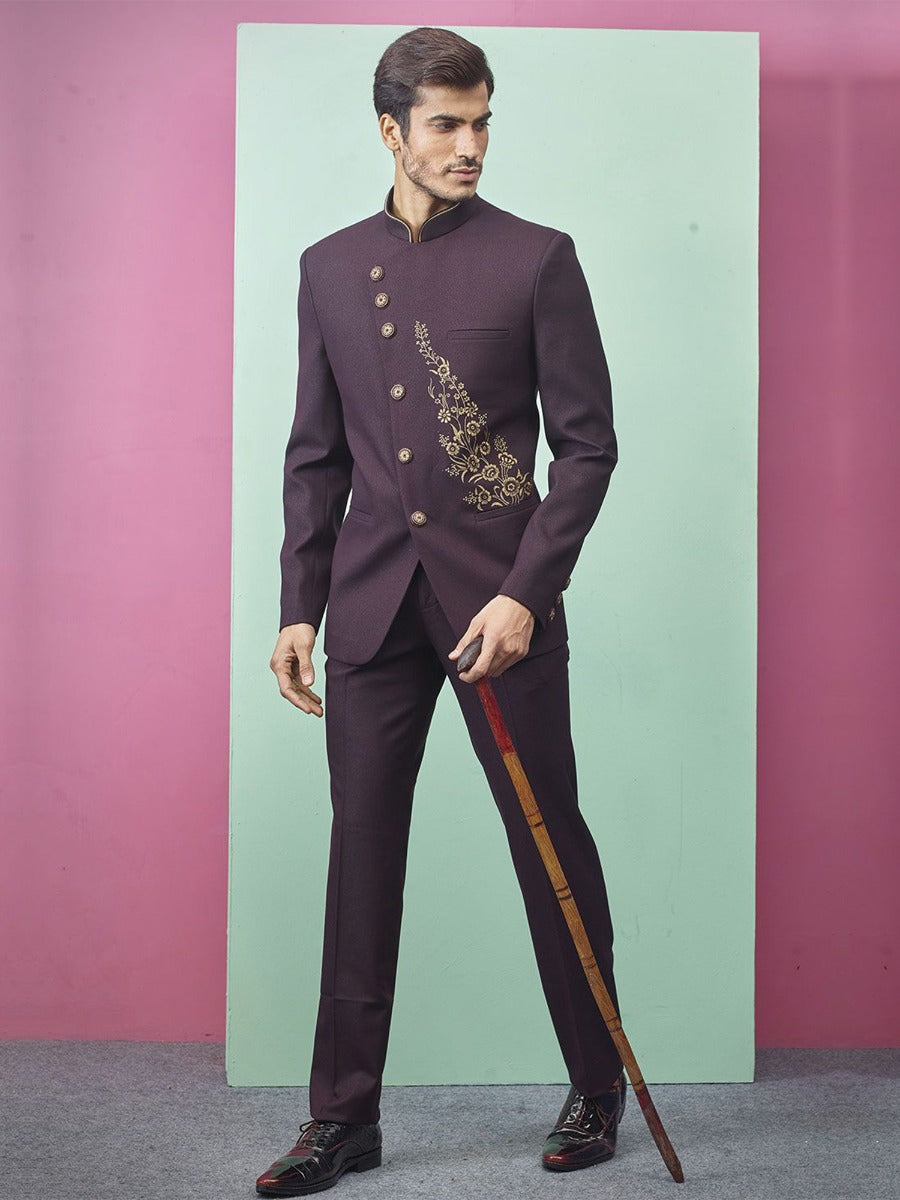 Wine Color Party Wear Jodhpuri Set