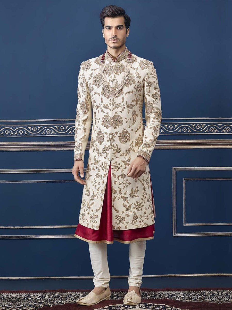 Rajputi Stylish Cream Colour Wedding Sherwani.