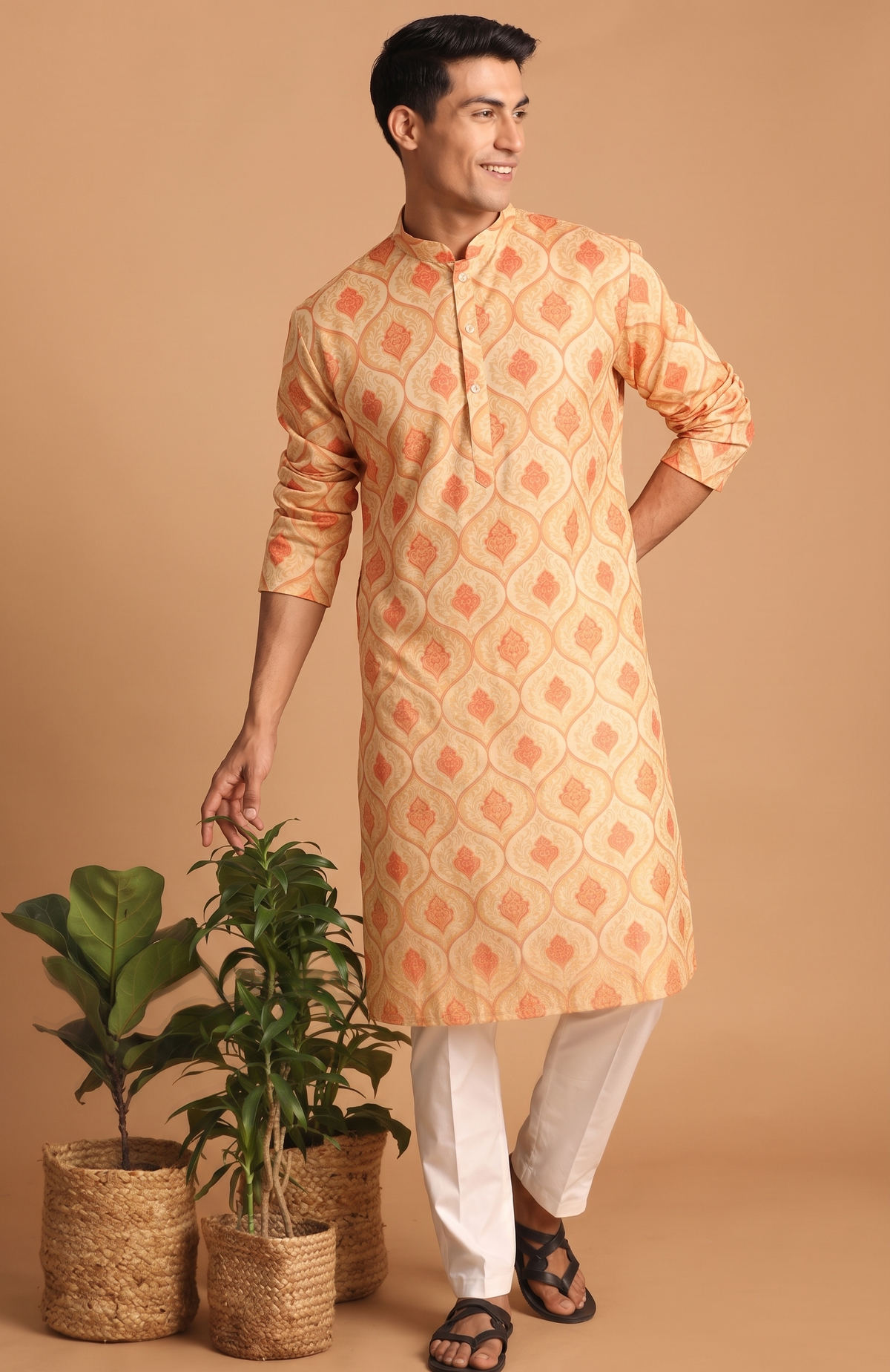 Festive Peach Kurta with White Trouser