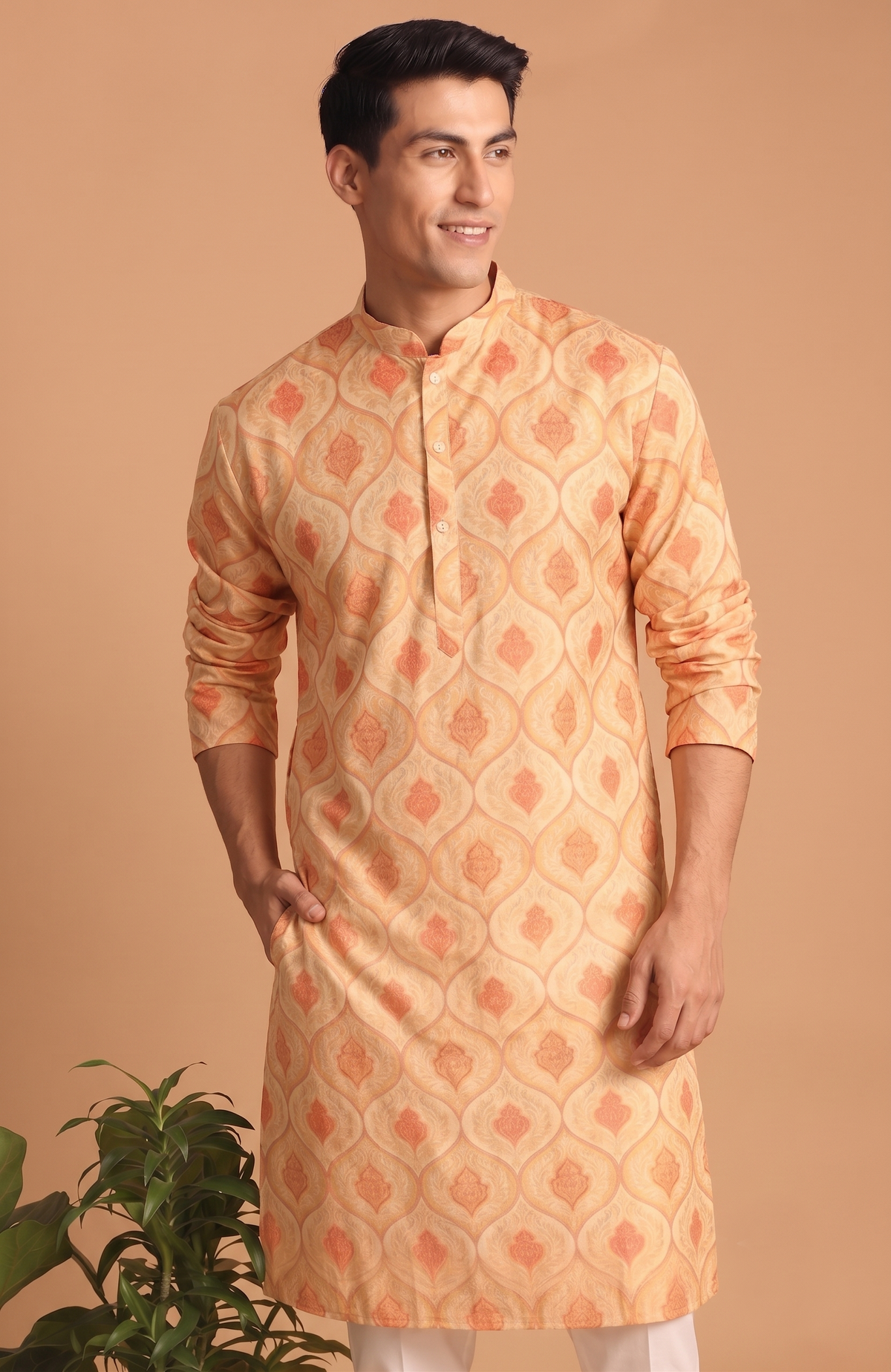 Festive Peach Kurta with White Trouser