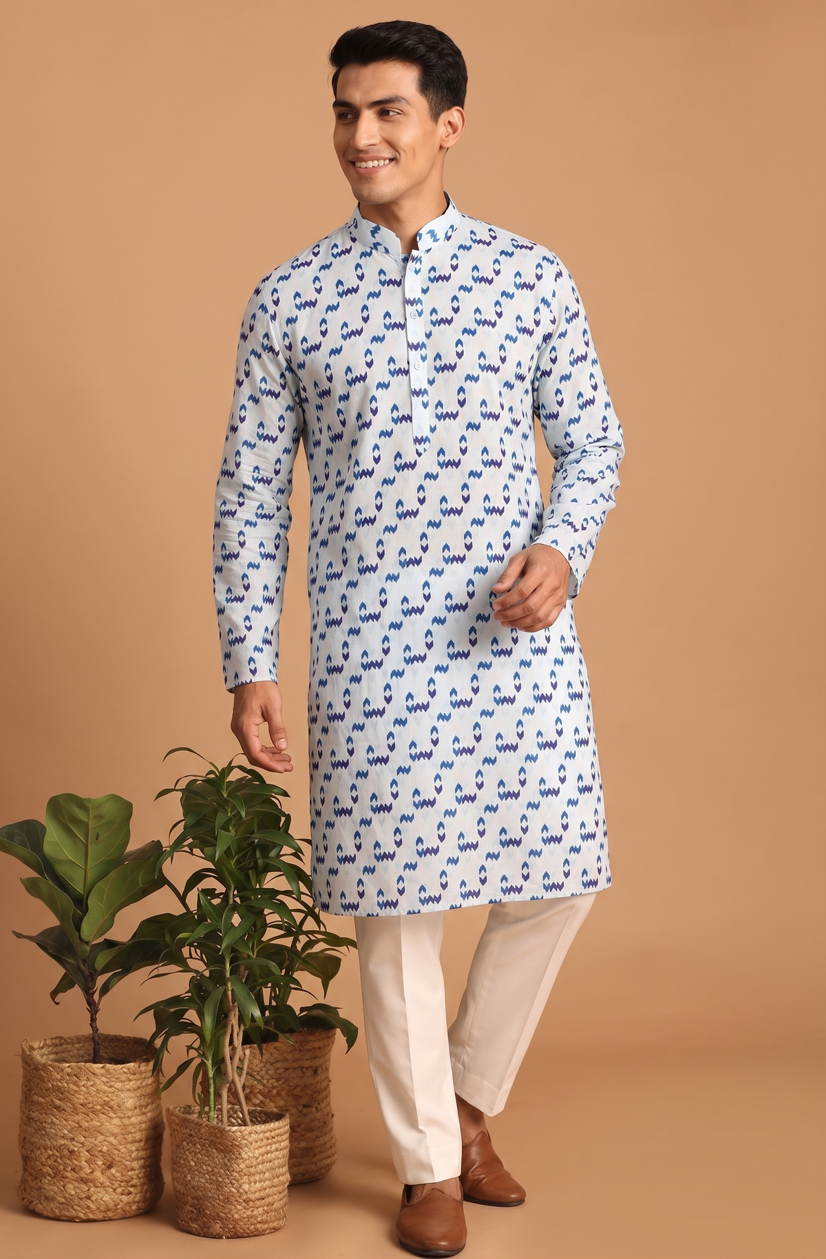 Blue Motif Kurta with White Trouser